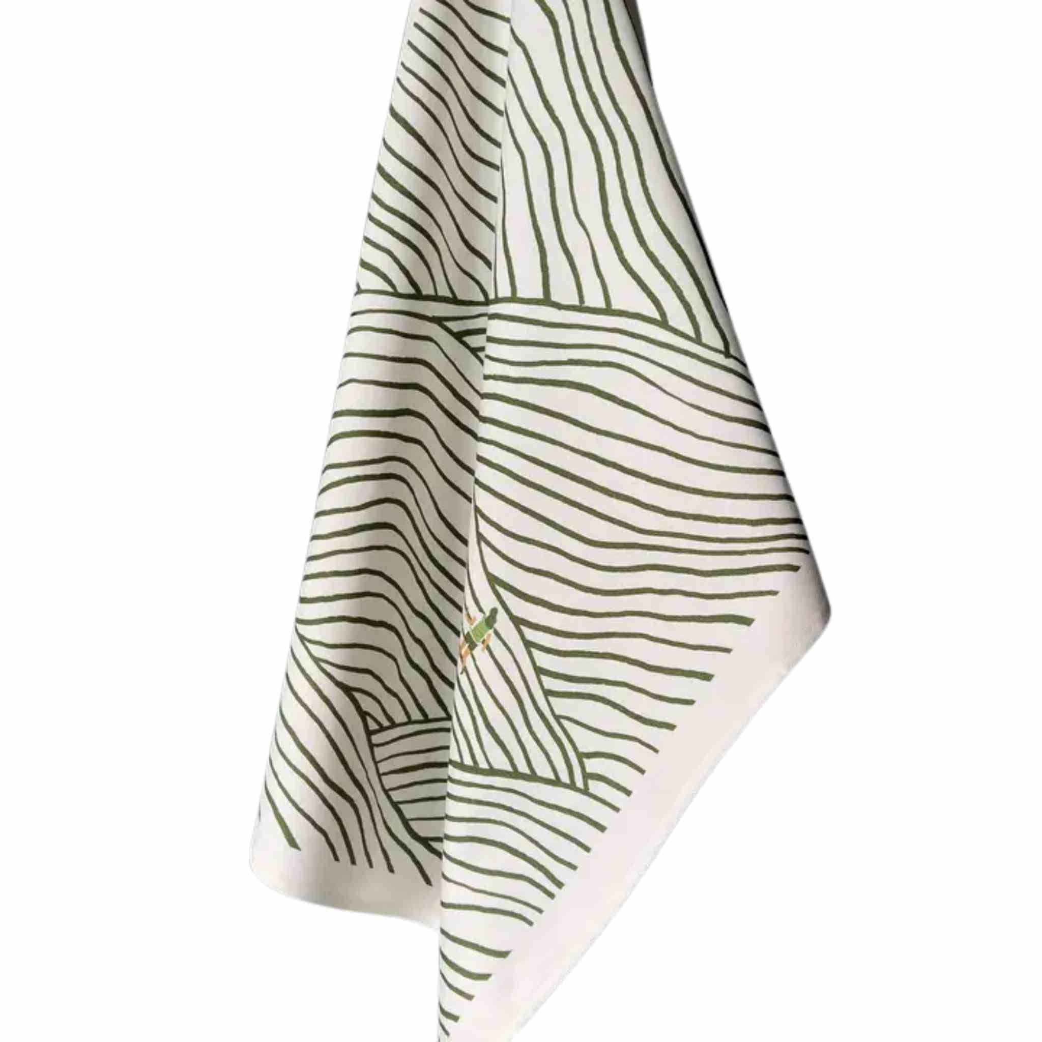 Green and white patterned towel with a walker on a white background