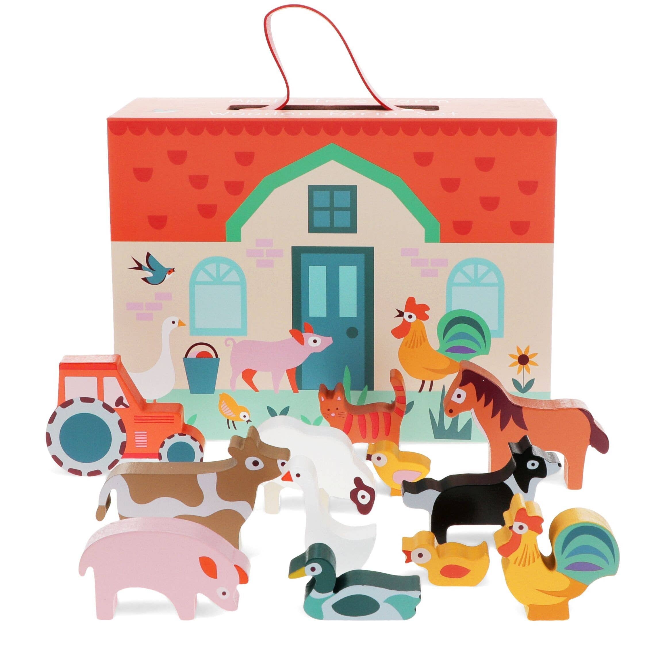 Set of colorful wooden farm animal toys with a barn-shaped box on a white background