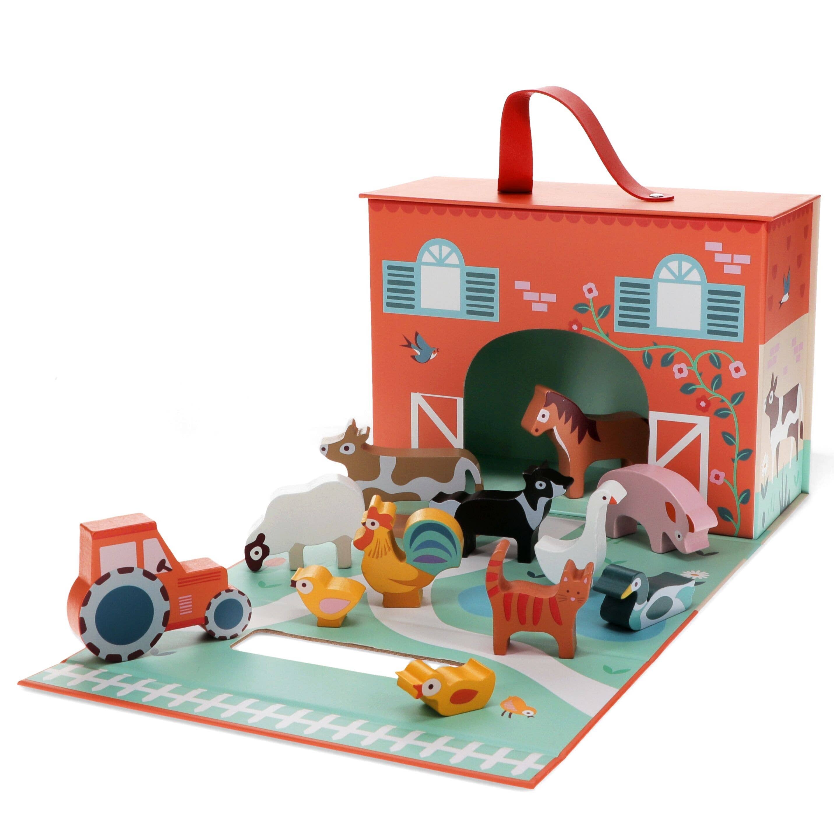 Children's toy set with farm animals and a barn-shaped box on a white background