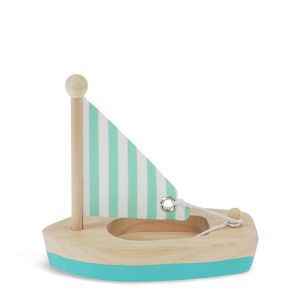 A wooden toy sailboat with a natural wood base and mast, featuring a mint green and white striped sail and a painted teal hull, shown on a white background.