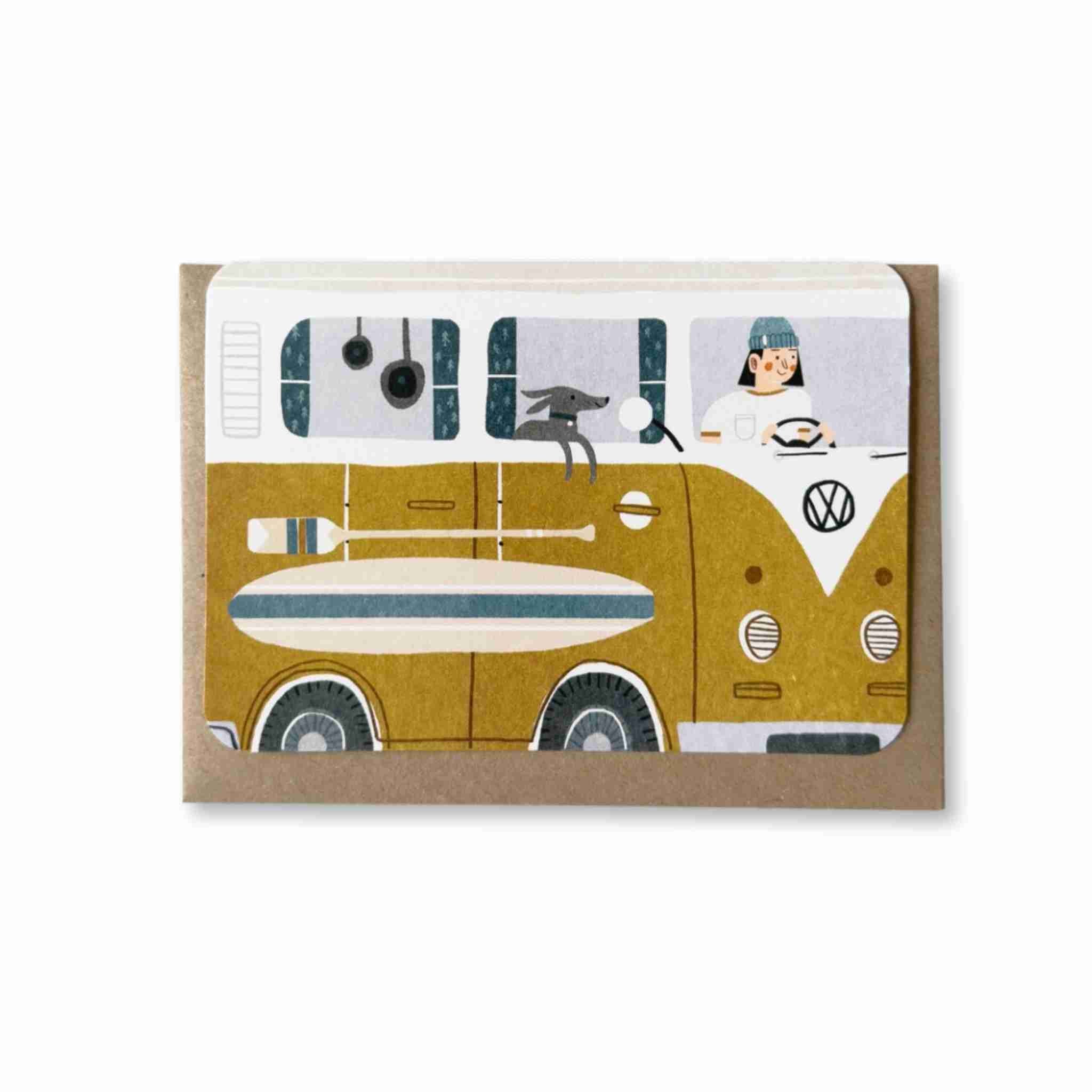 Illustrated card with a vintage van design on a white background