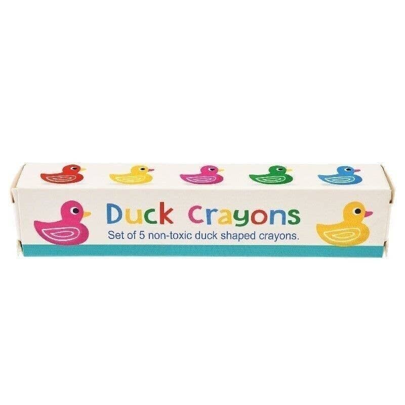 Box of duck crayons with colorful duck illustrations on a white background