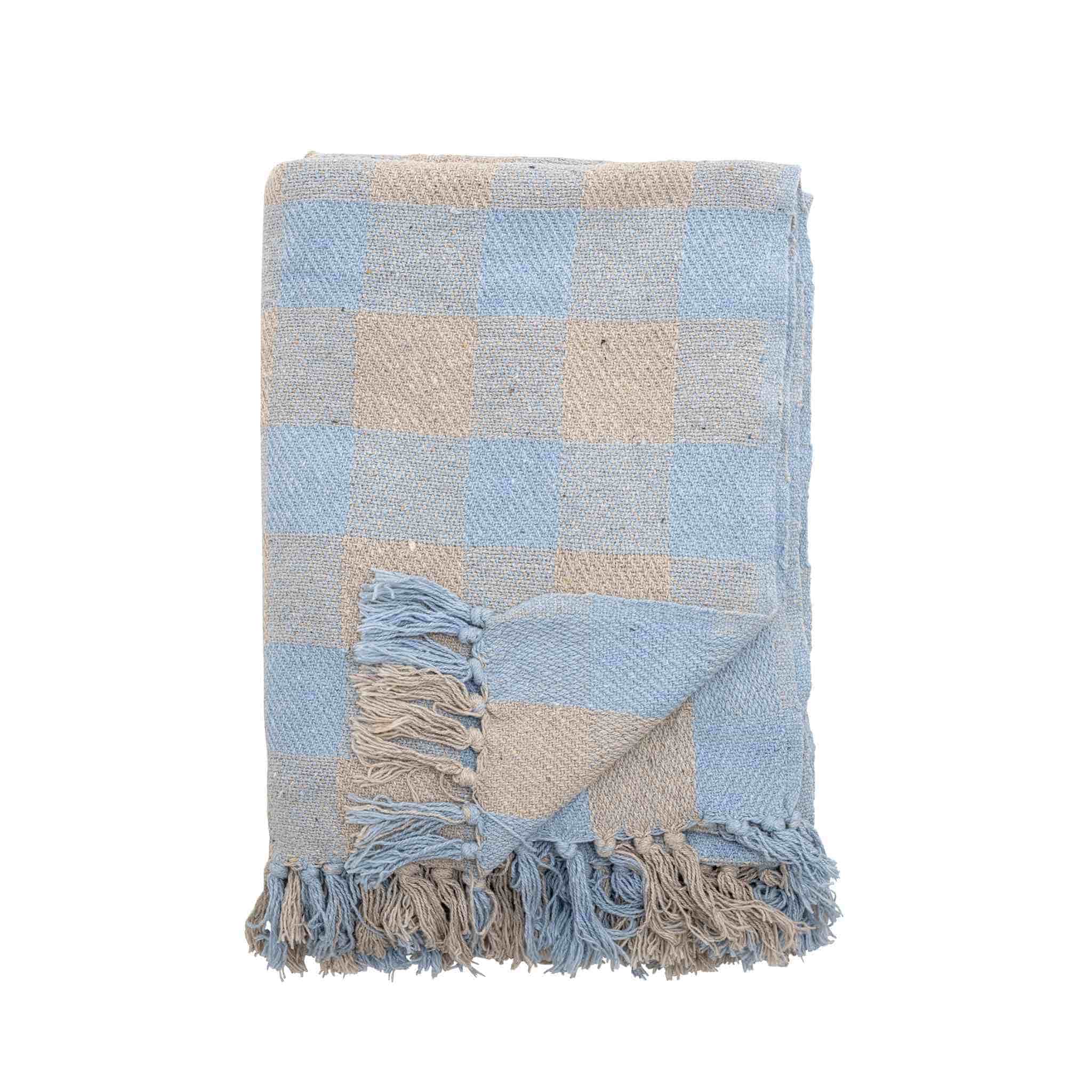 Light Blue Checked and striped Cotton Throw