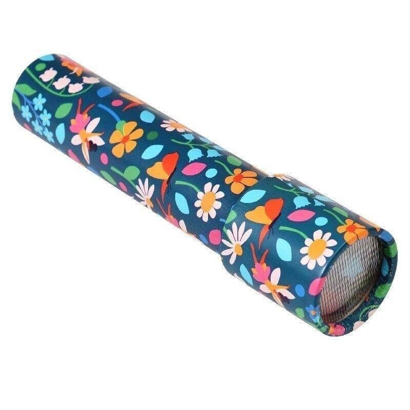 Colorful floral-patterned tube on a white background