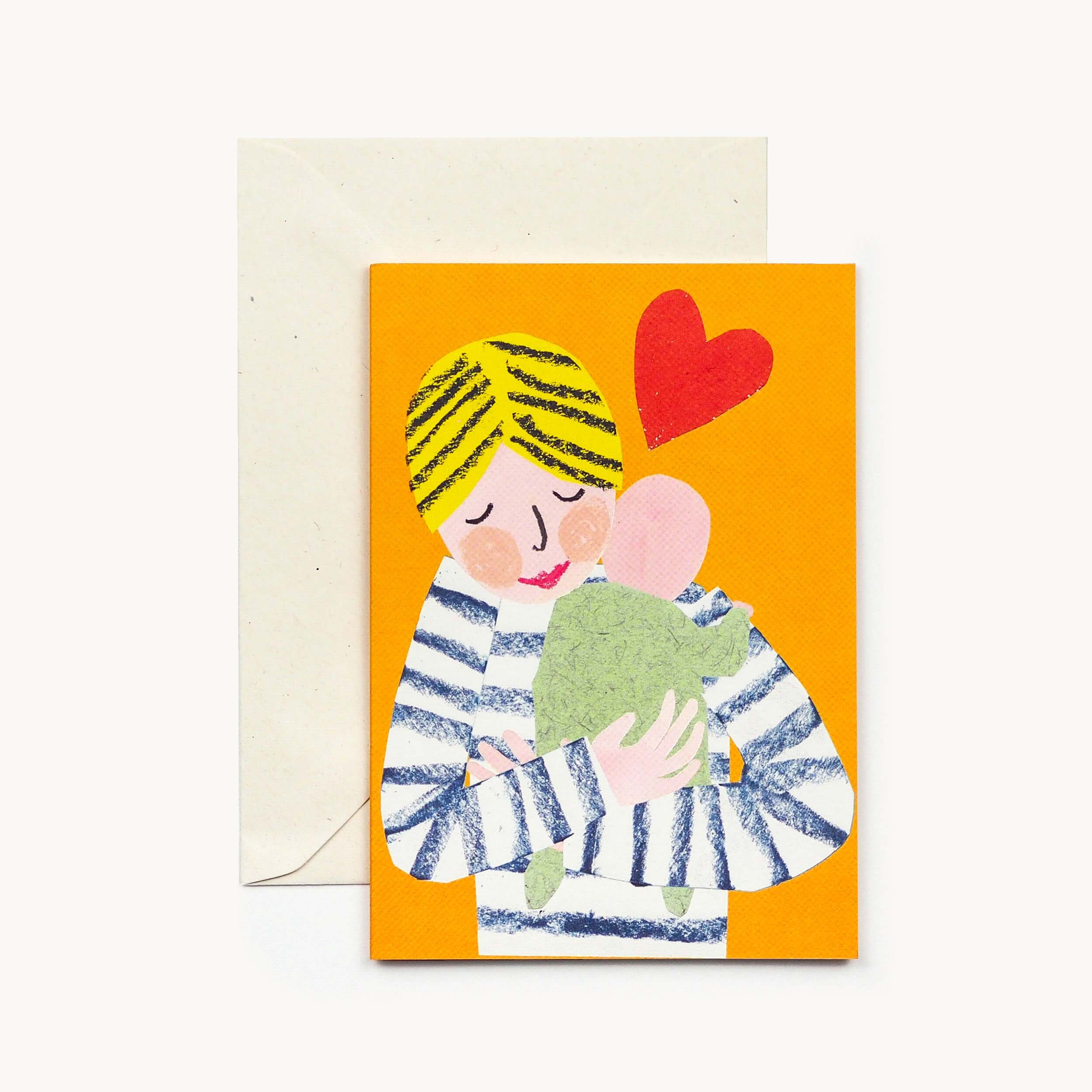 Greeting card with illustration of a person holding a child and a heart on an orange background