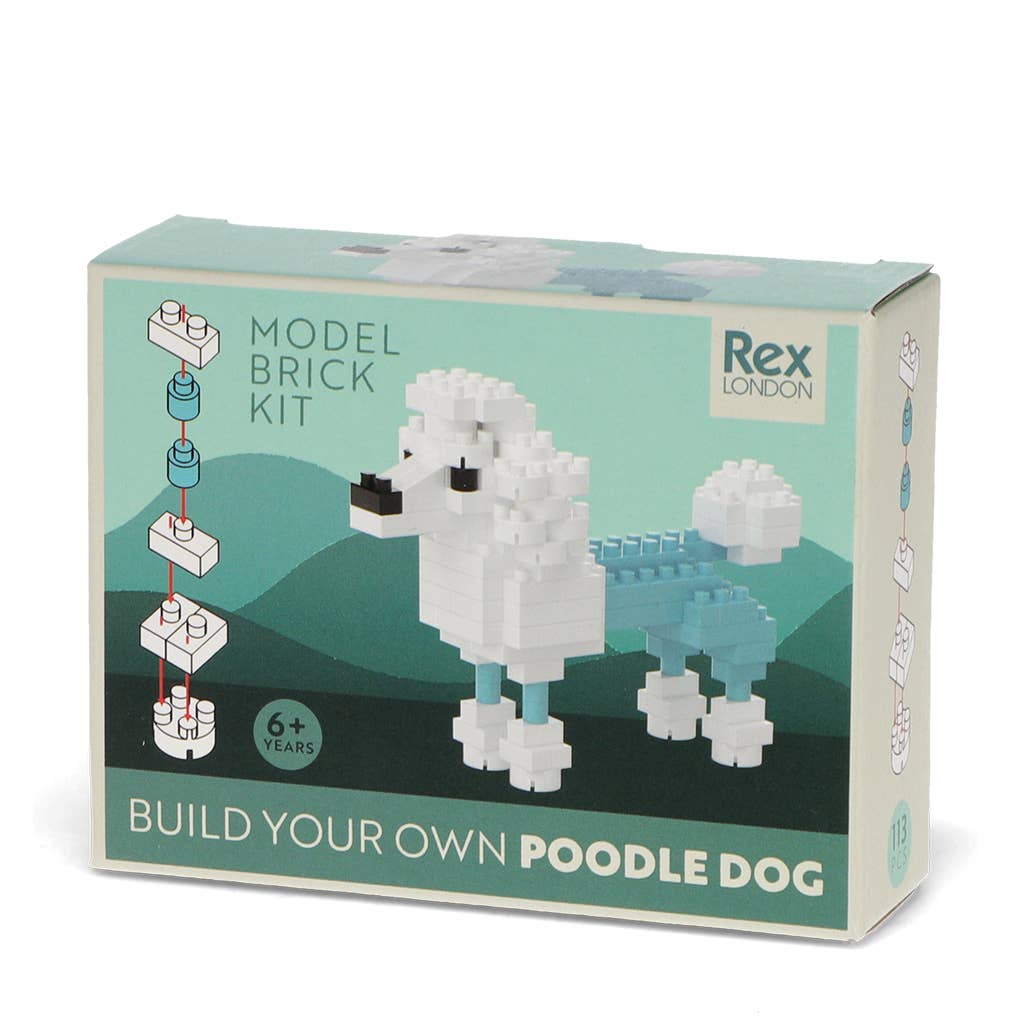 Model brick kit packaging for building a poodle dog by Rex London on a white background