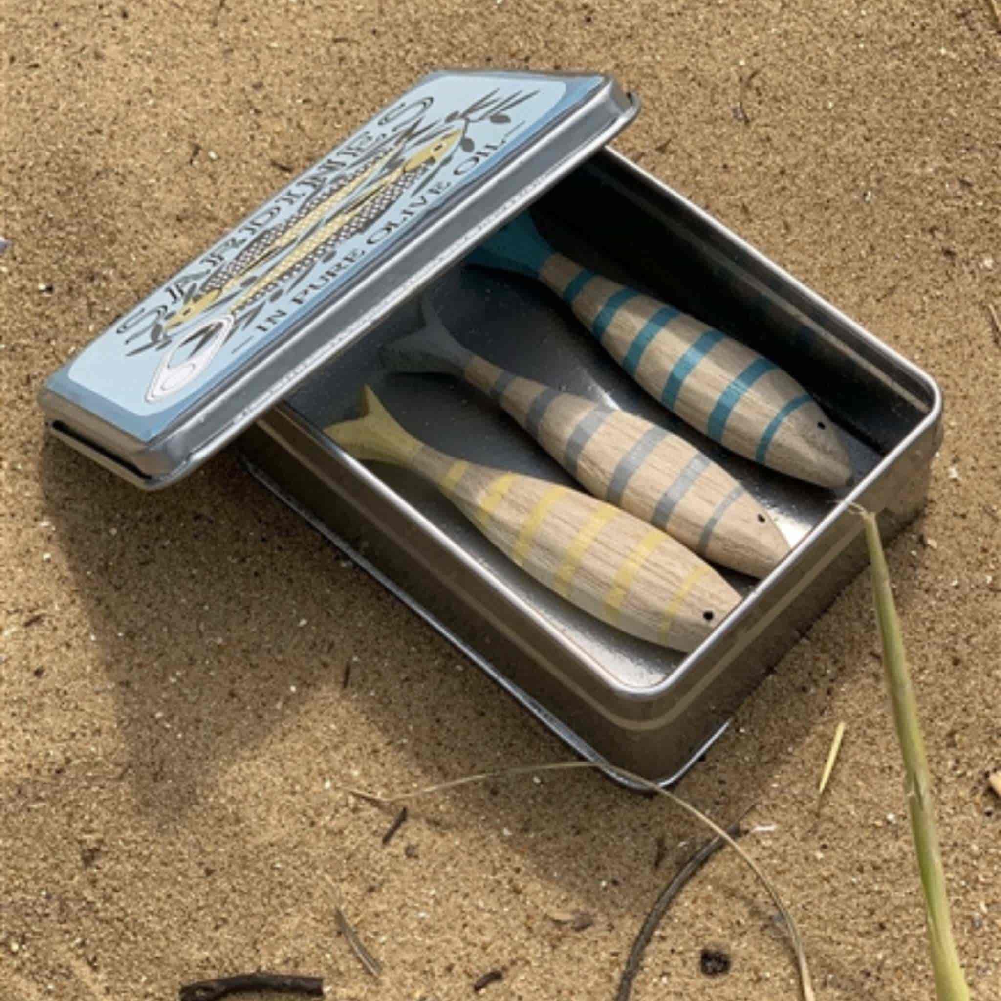 wooden sardines in tin