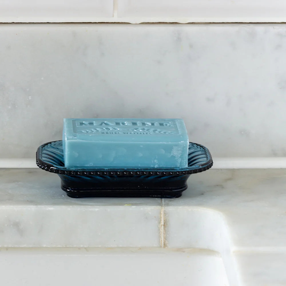 blue glass soap dish for bathroom