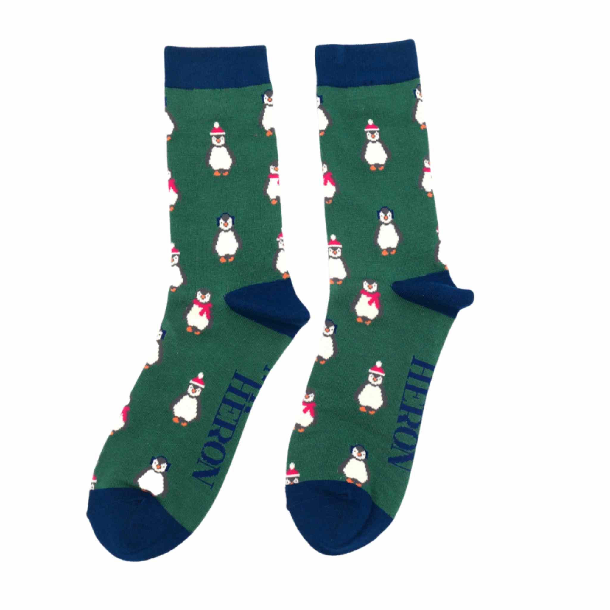 Mens Christmas Socks, Green Baby Penguins