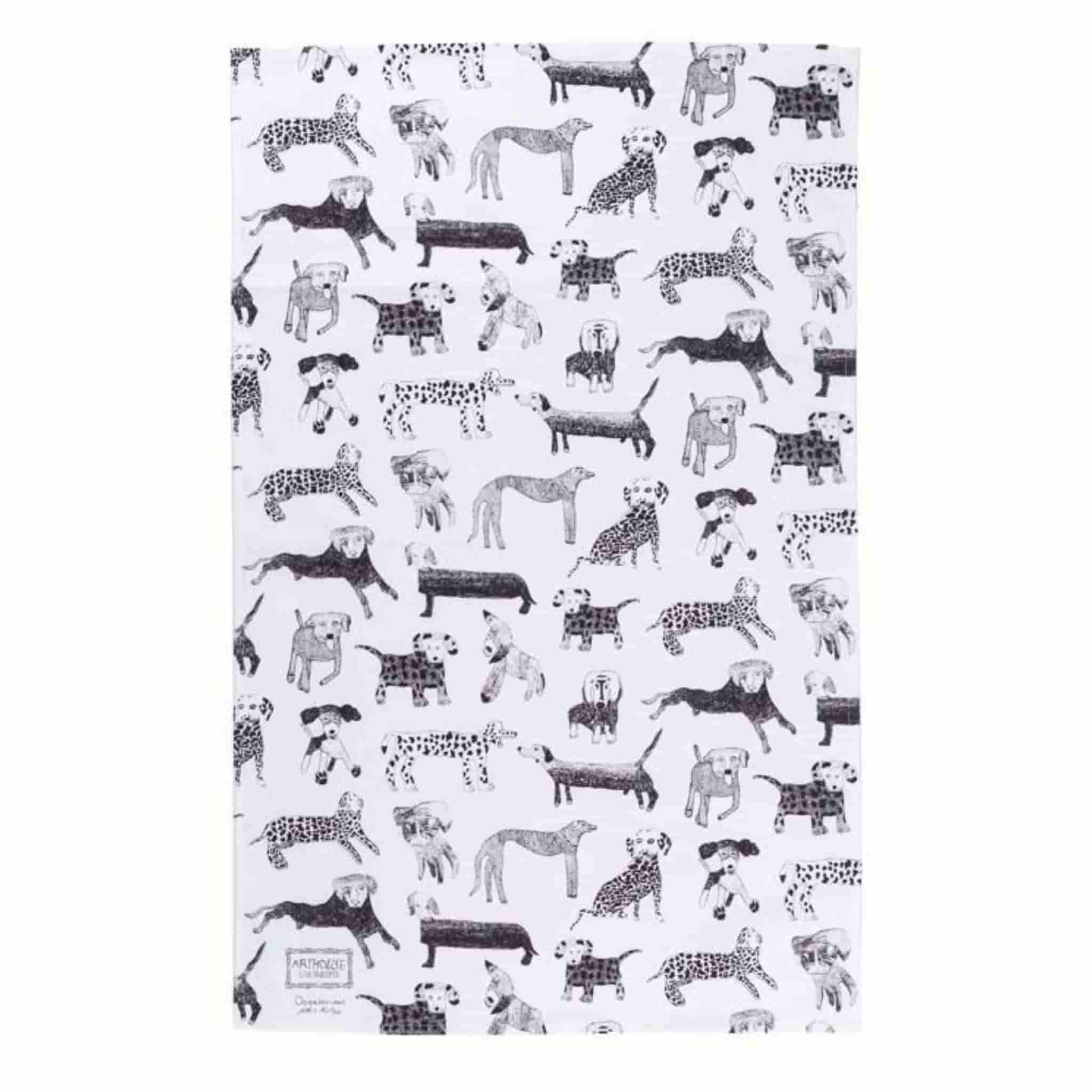 dog drawings on tea towel 