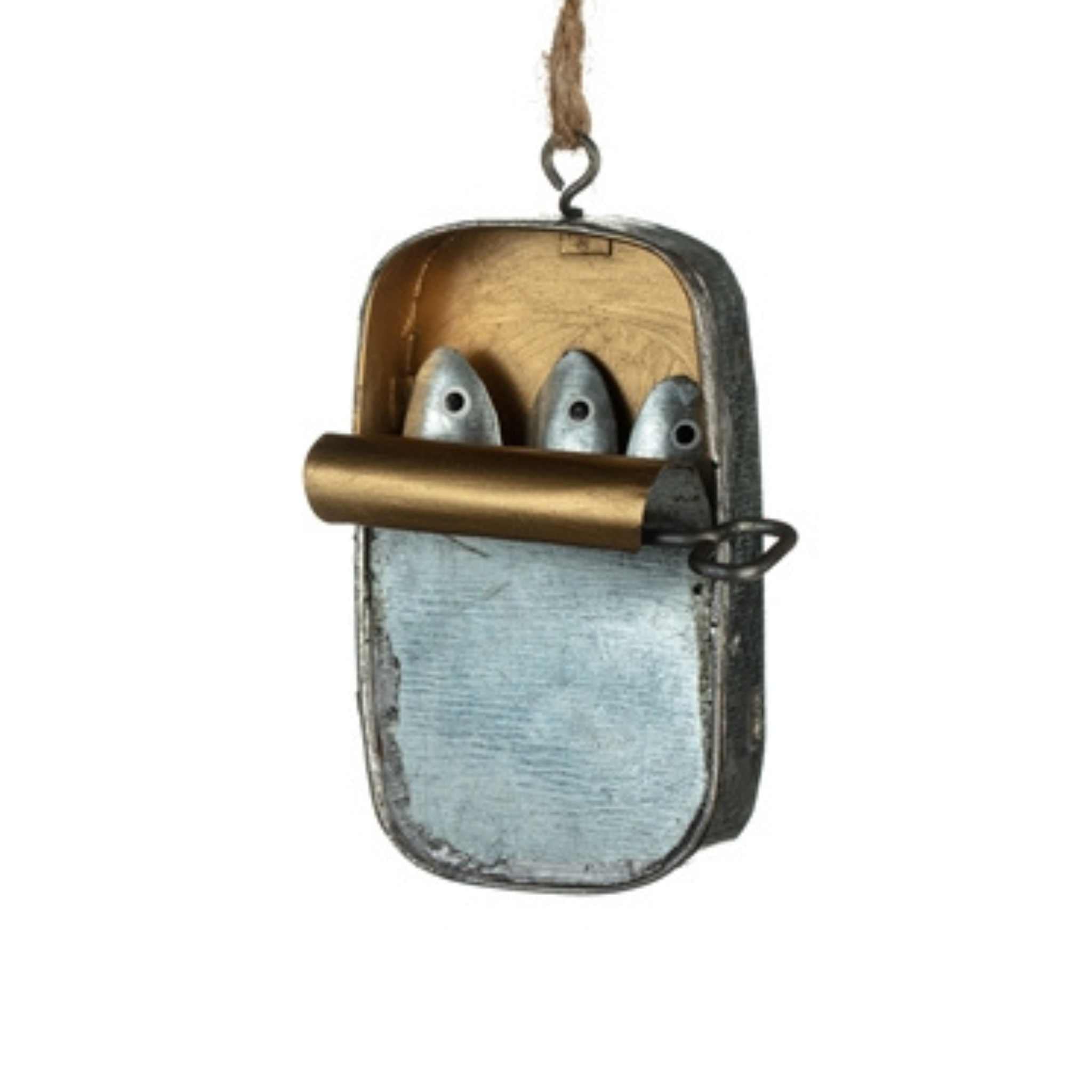 three sardines in a metal tin hanging on a jute string