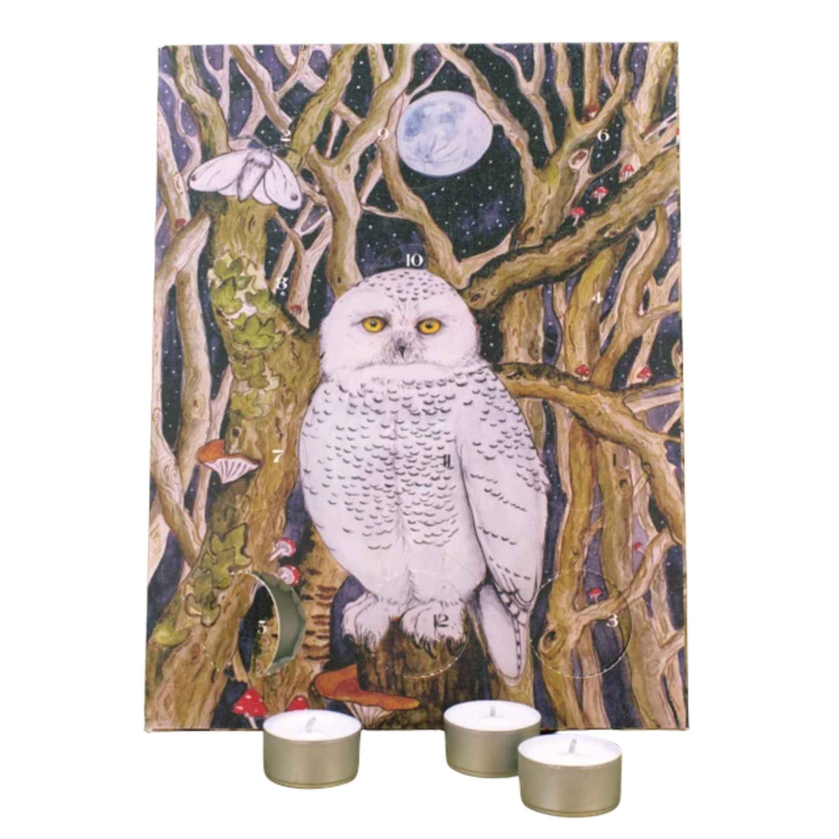 A Christmas advent calendar featuring a detailed illustration of a snowy owl, with three small tealight candles placed in front on a white background.