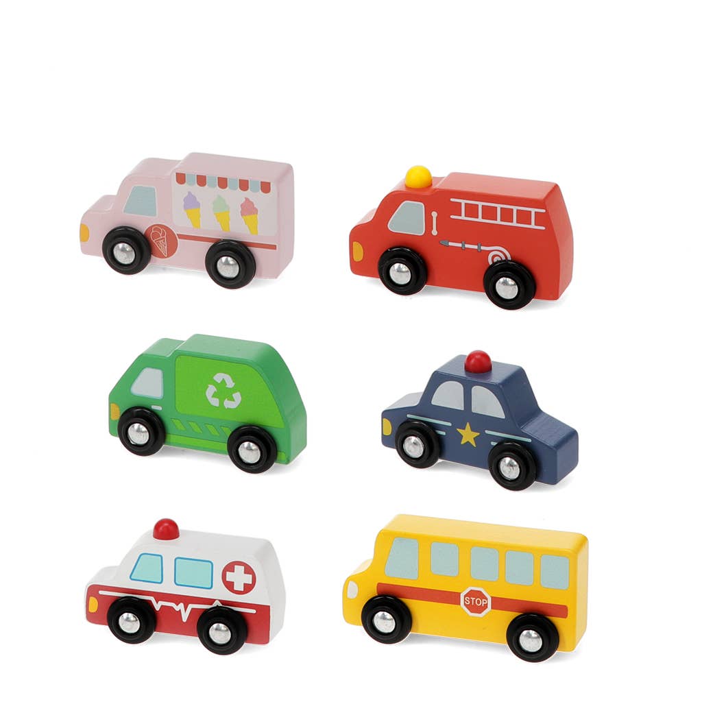 Six wooden toy vehicles arranged in a 2-by-3 grid on a plain white background: an ice cream truck, a fire truck, a recycling truck, a police car, an ambulance, and a school bus.