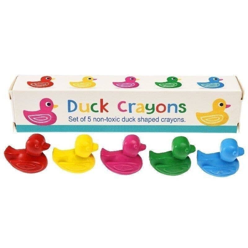 Set of 5 duck-shaped crayons with colorful packaging on a white background