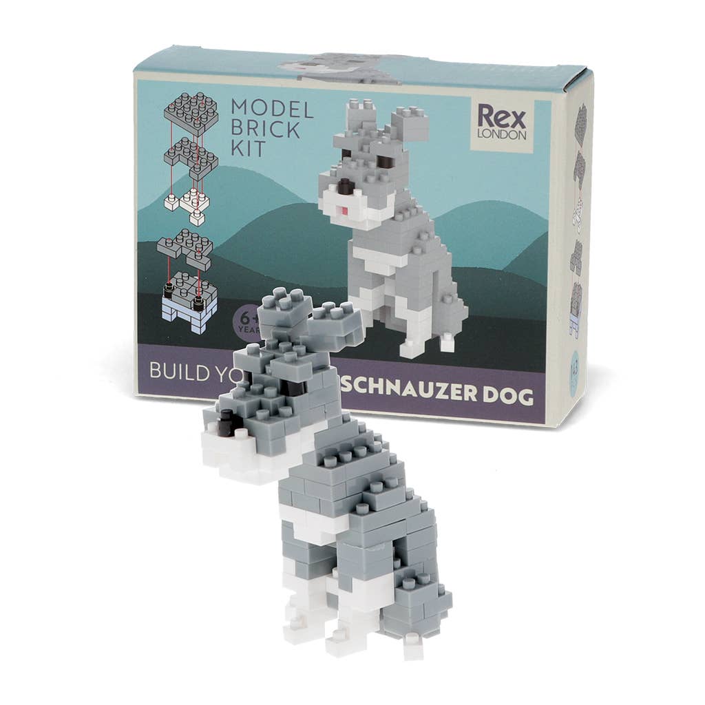 Model brick kit of a Schnauzer dog with packaging displaying 'Rex London'.
