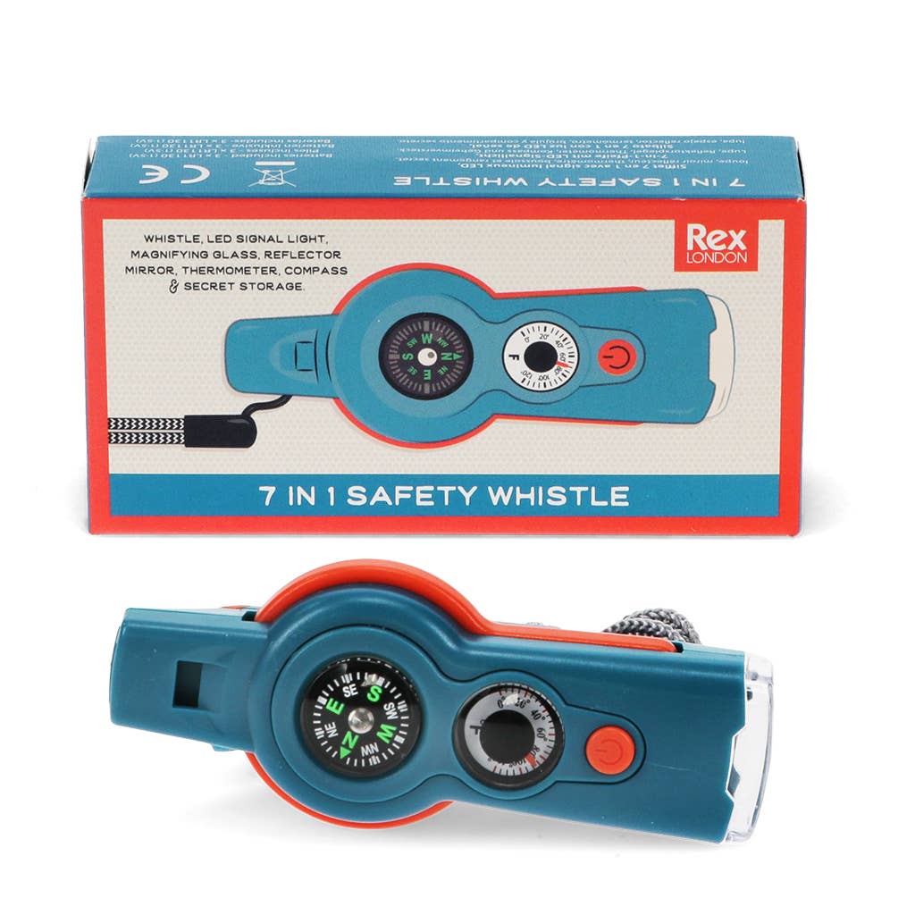 7-in-1 safety whistle with packaging on a white background