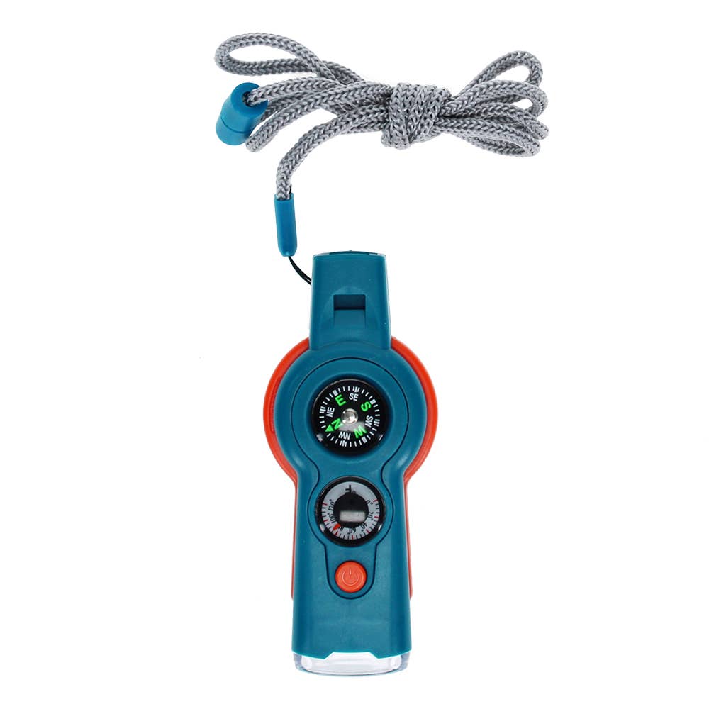 Multifunctional tool with compass, whistle, and light on a white background