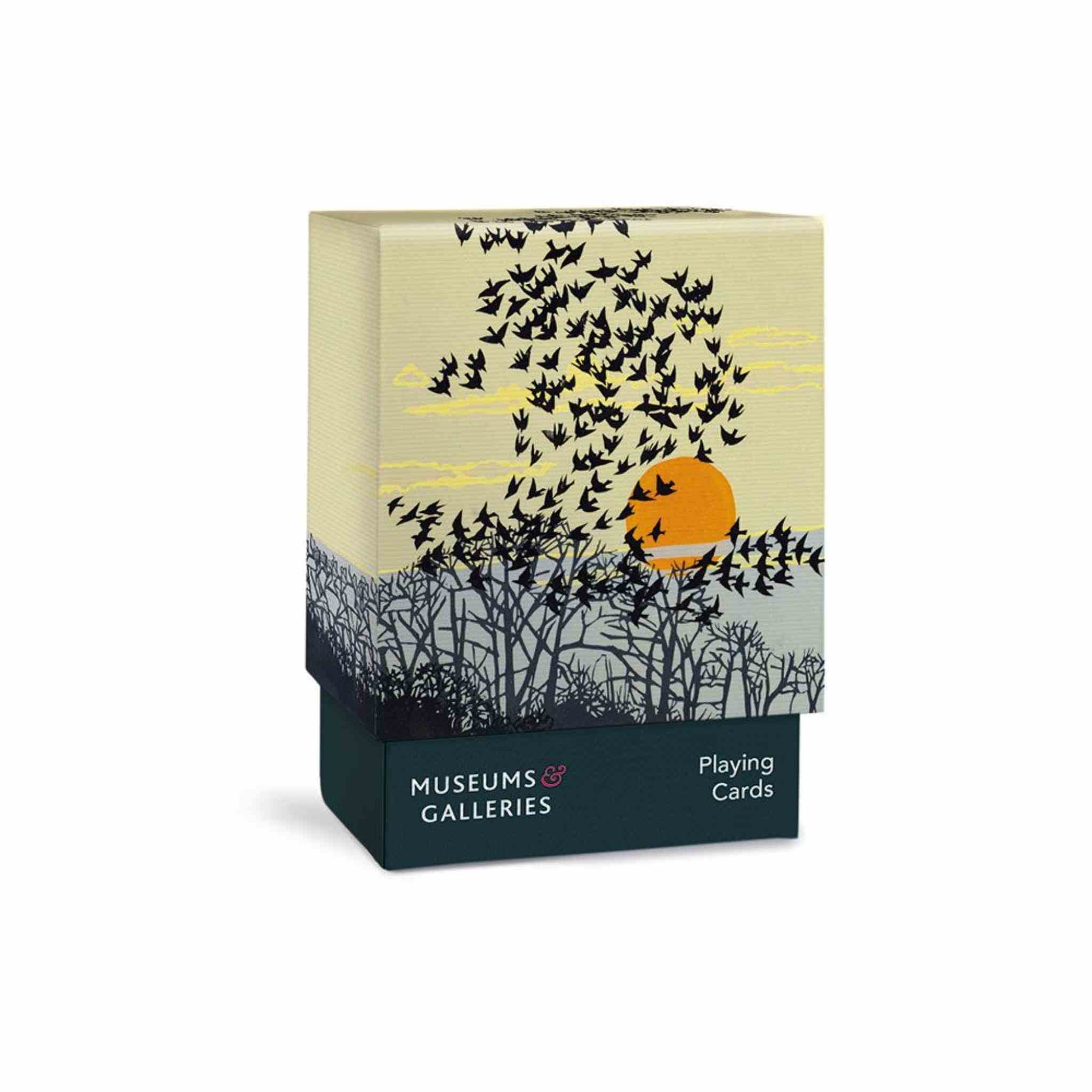 Playing card box with a design of birds flying around a moon and trees, labeled 'Museums & Galleries'.