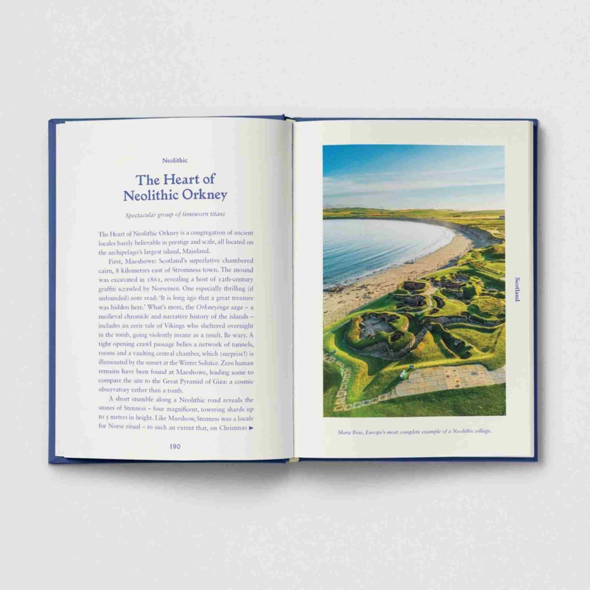 Open book showing a page with text and an image of a Neolithic site on a beach.