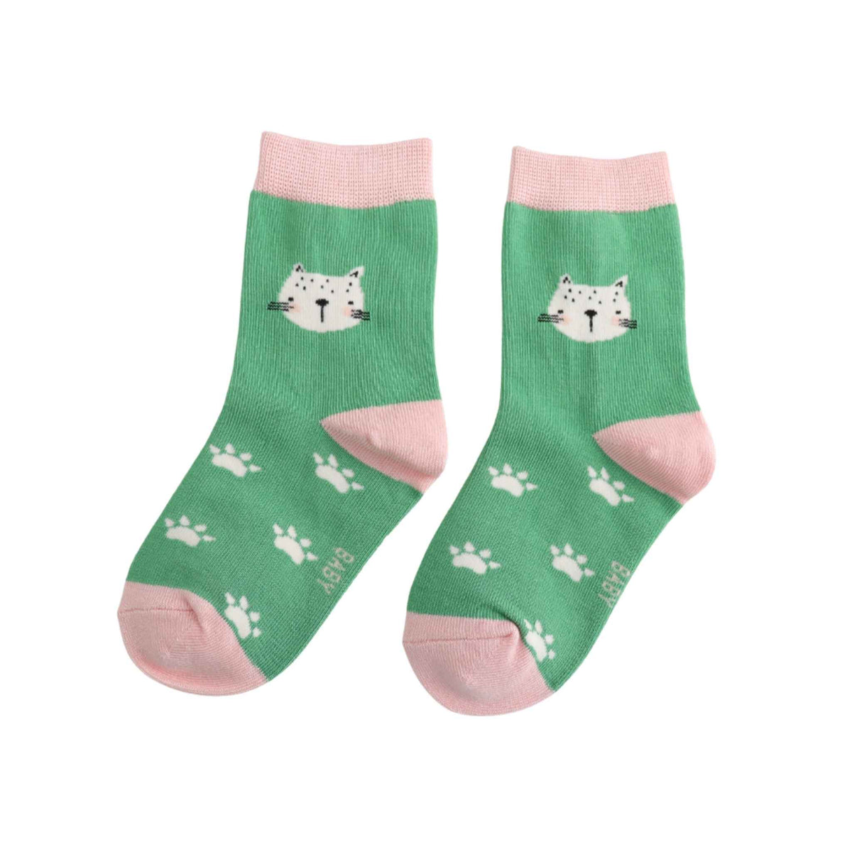 Baby Cat Face Green Bamboo Socks | Kids 4–6 Years