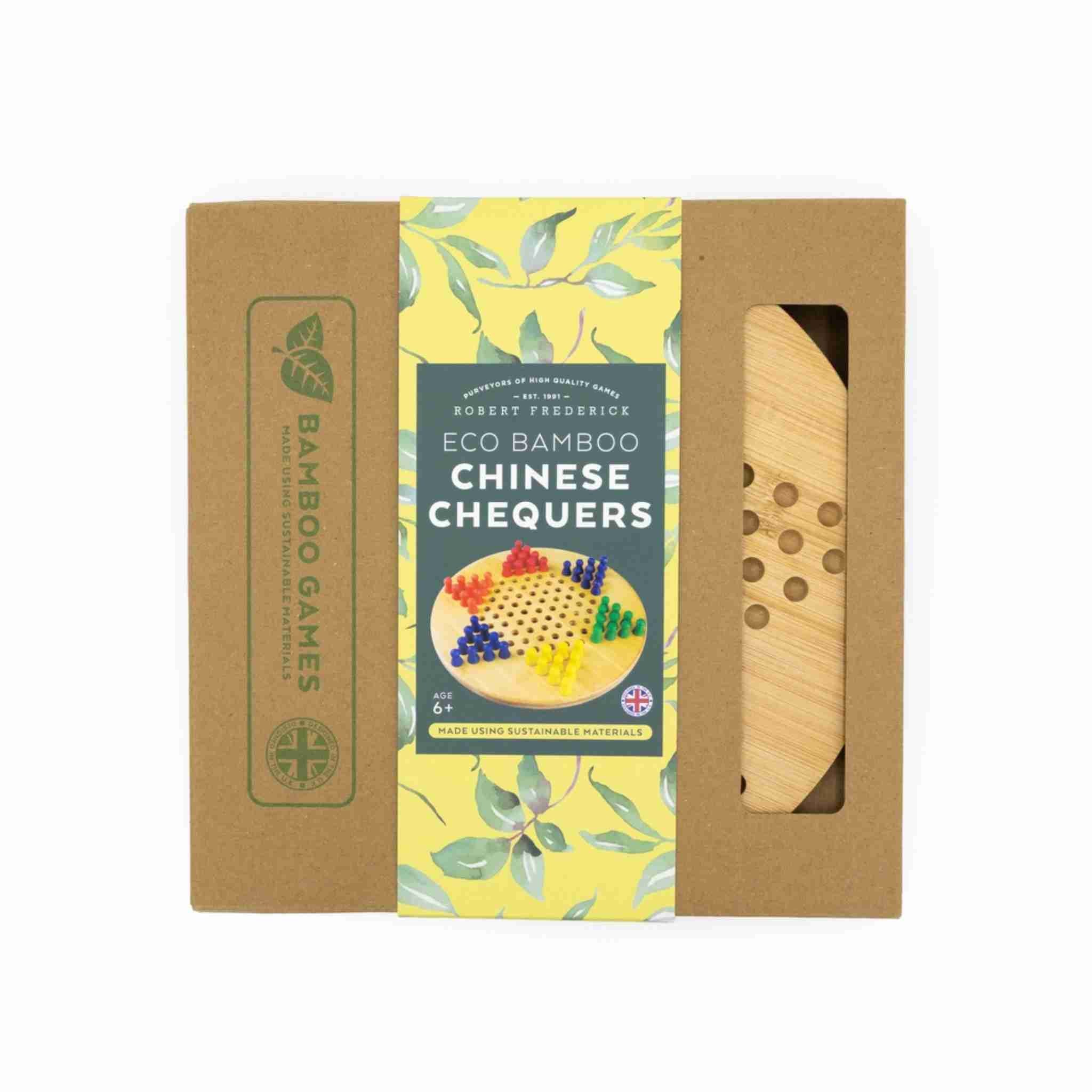 Eco Bamboo Chinese Chequers game set in a cardboard box with a window showing the wooden board.