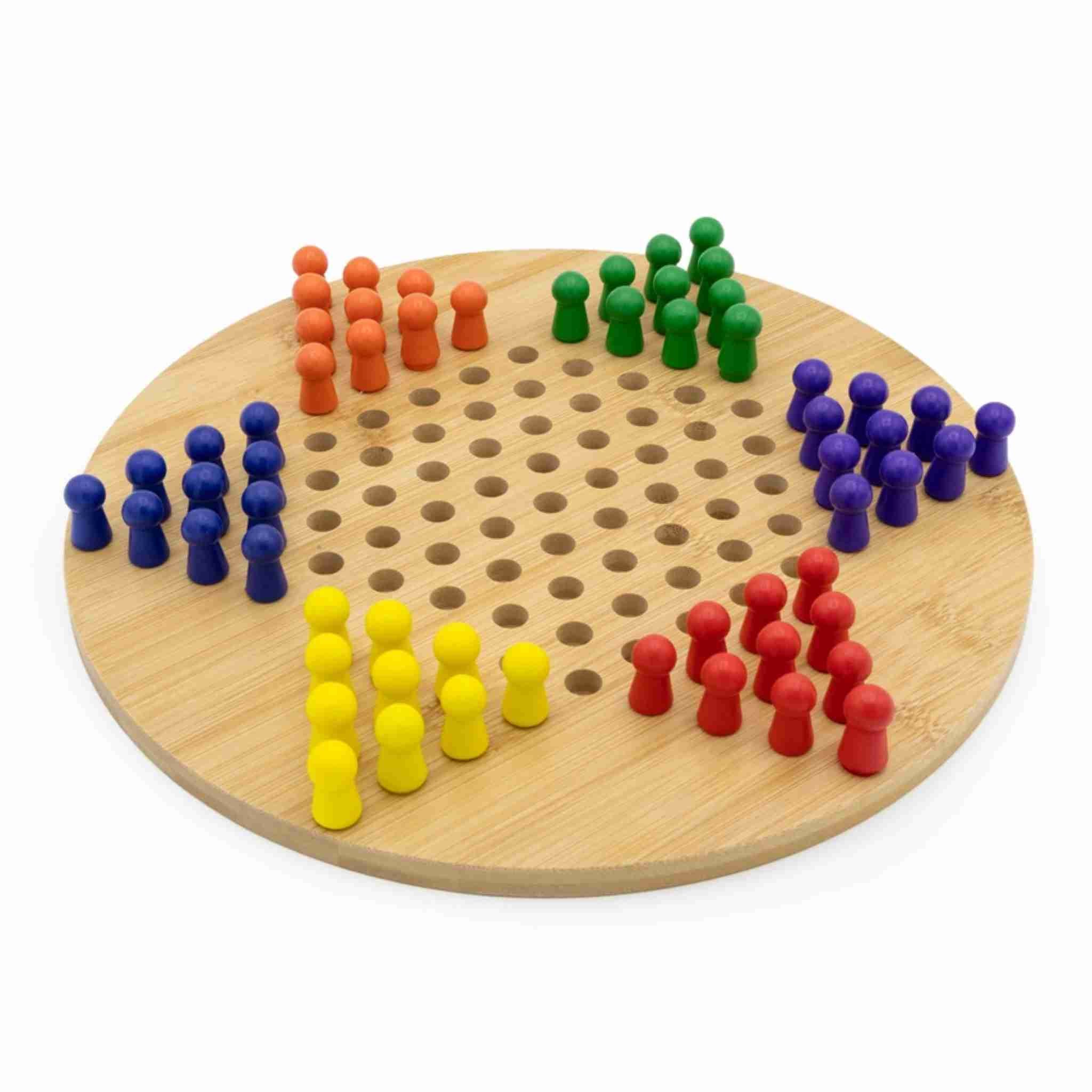 Wooden board game with colorful game pieces on a white background