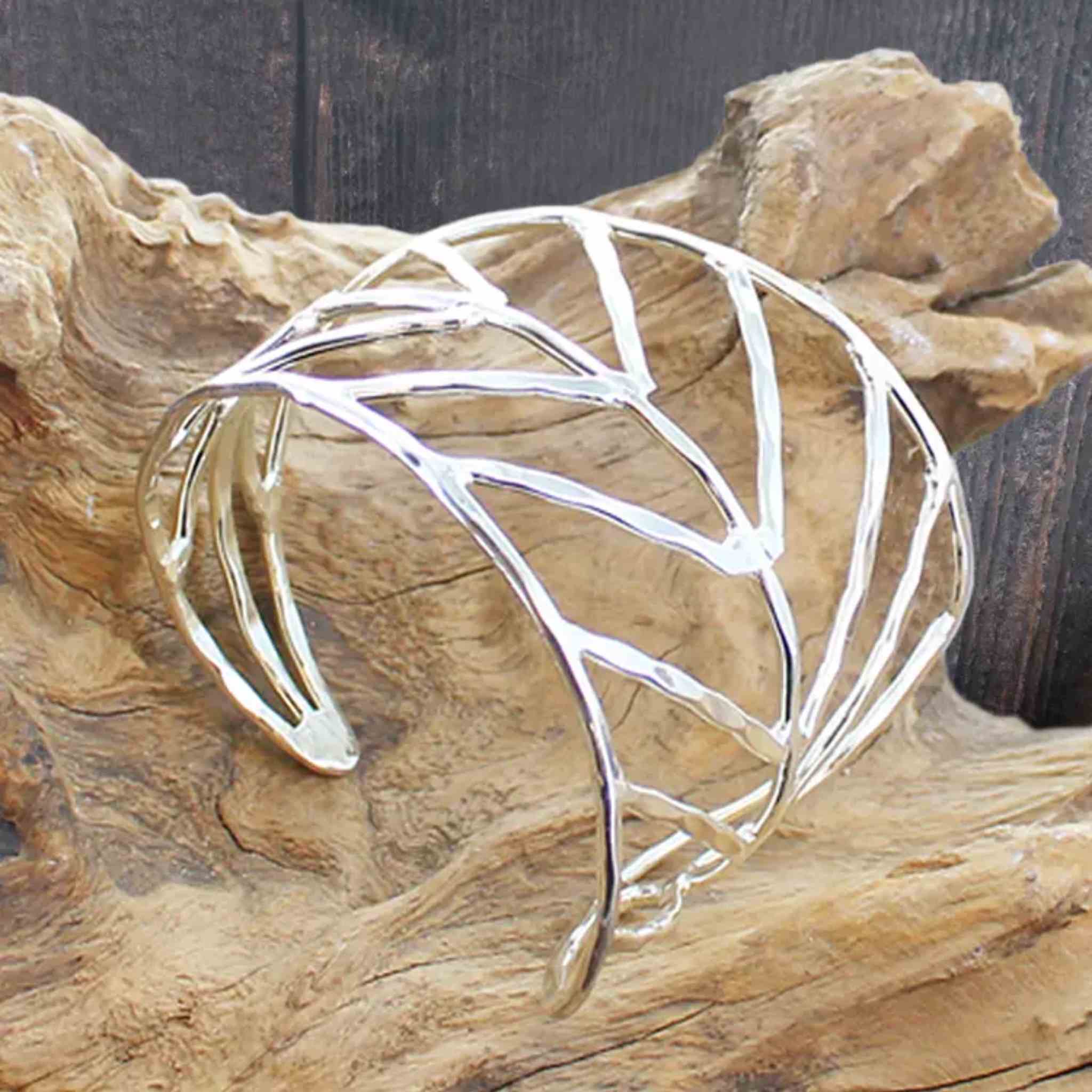 Beaten Leaf Cuff Bracelet Silver Plate