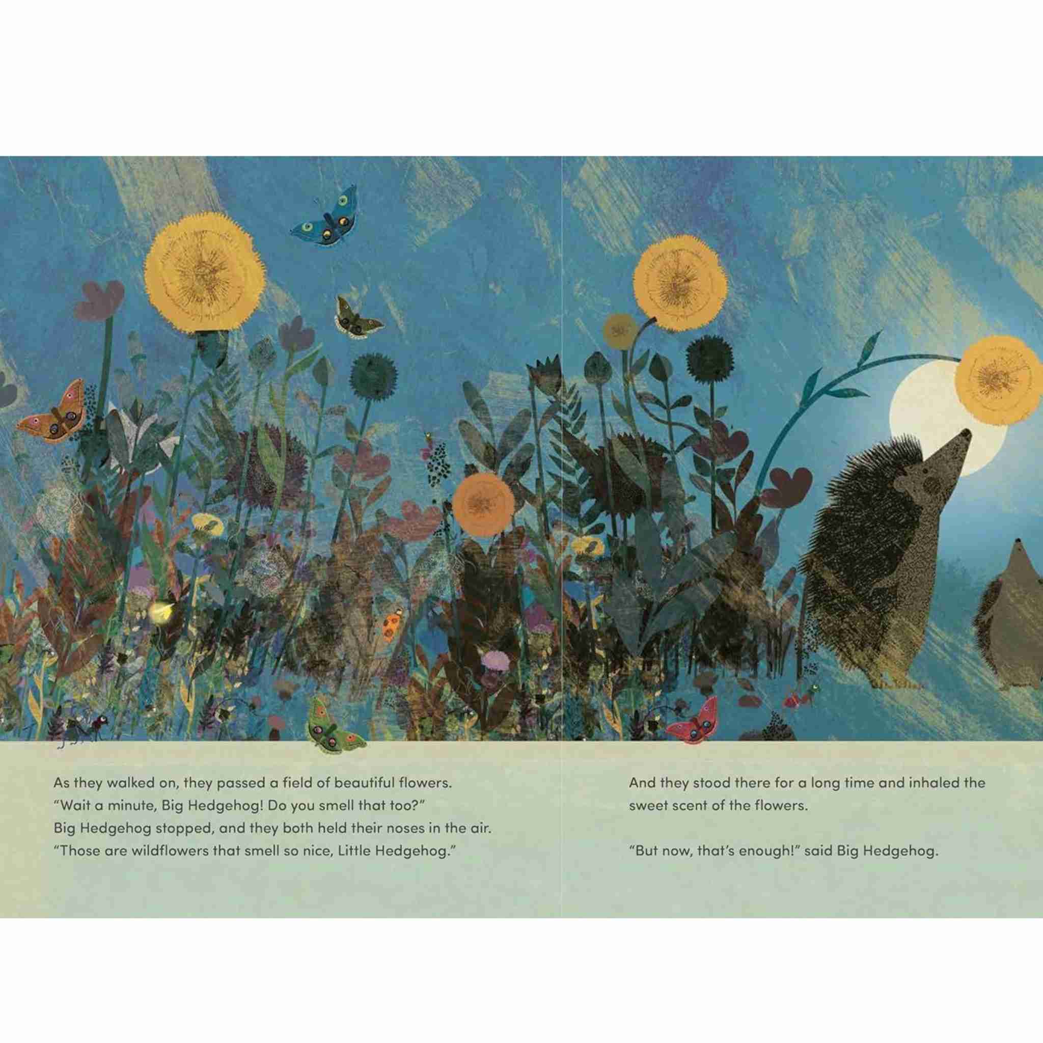 Illustration of hedgehogs and flowers with text on a blue background