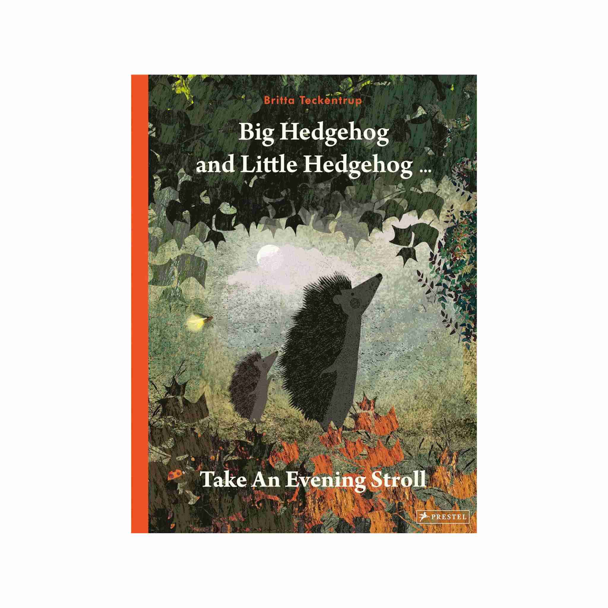 Book cover of 'Big Hedgehog and Little Hedgehog Take an Evening Stroll' with hedgehogs and nature illustration.
