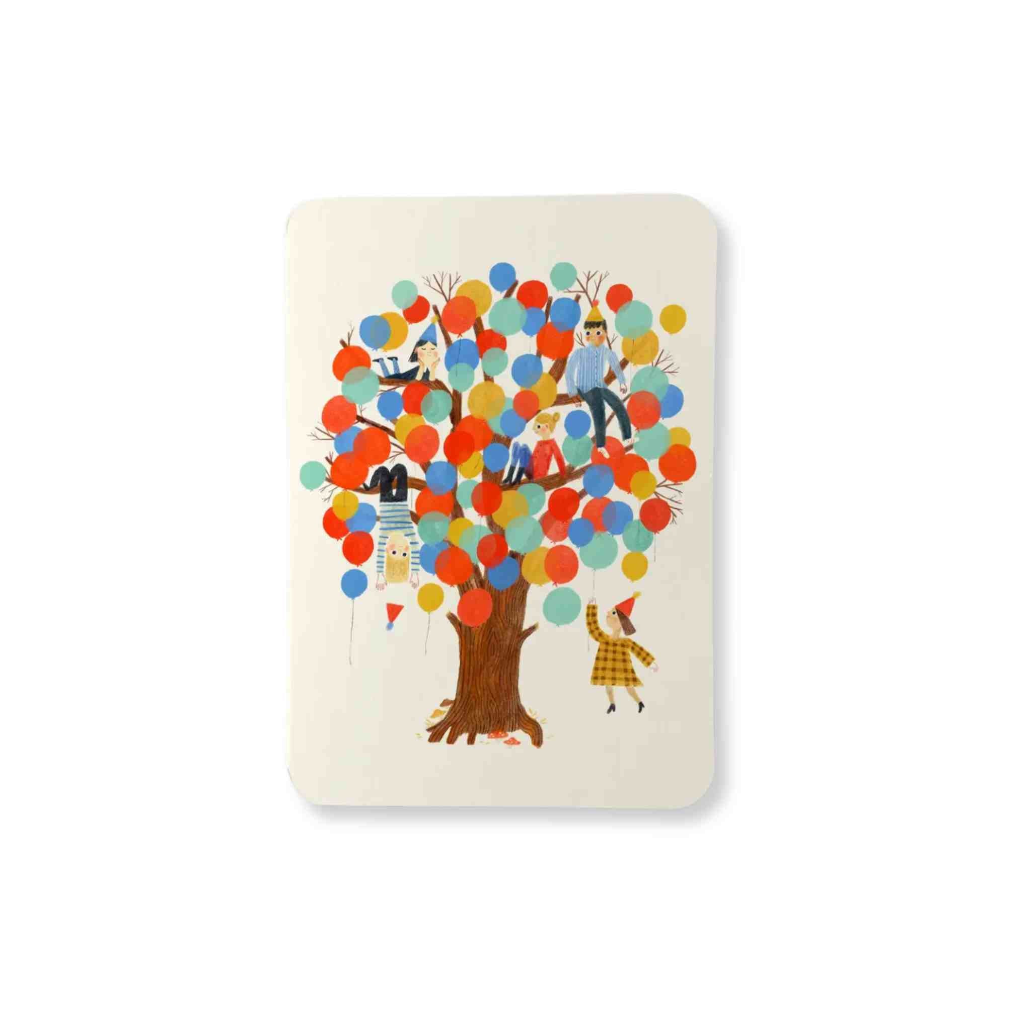 Card with a colorful illustration of people sitting in a tree made of balloons on a white background