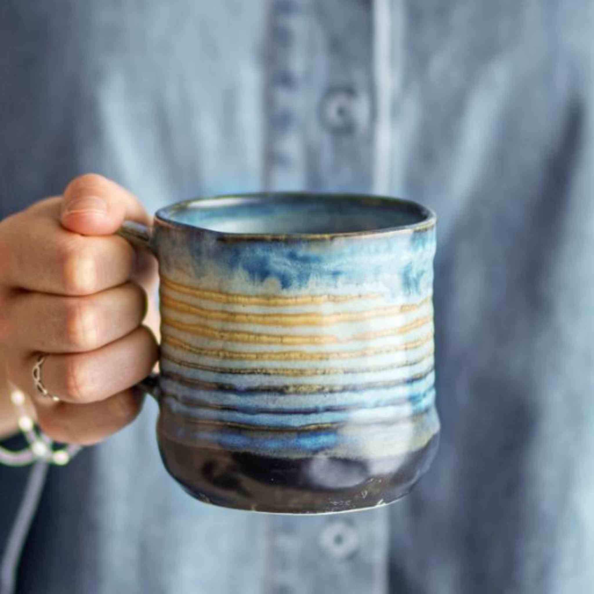 Blue & Beige Striped Stoneware Mug