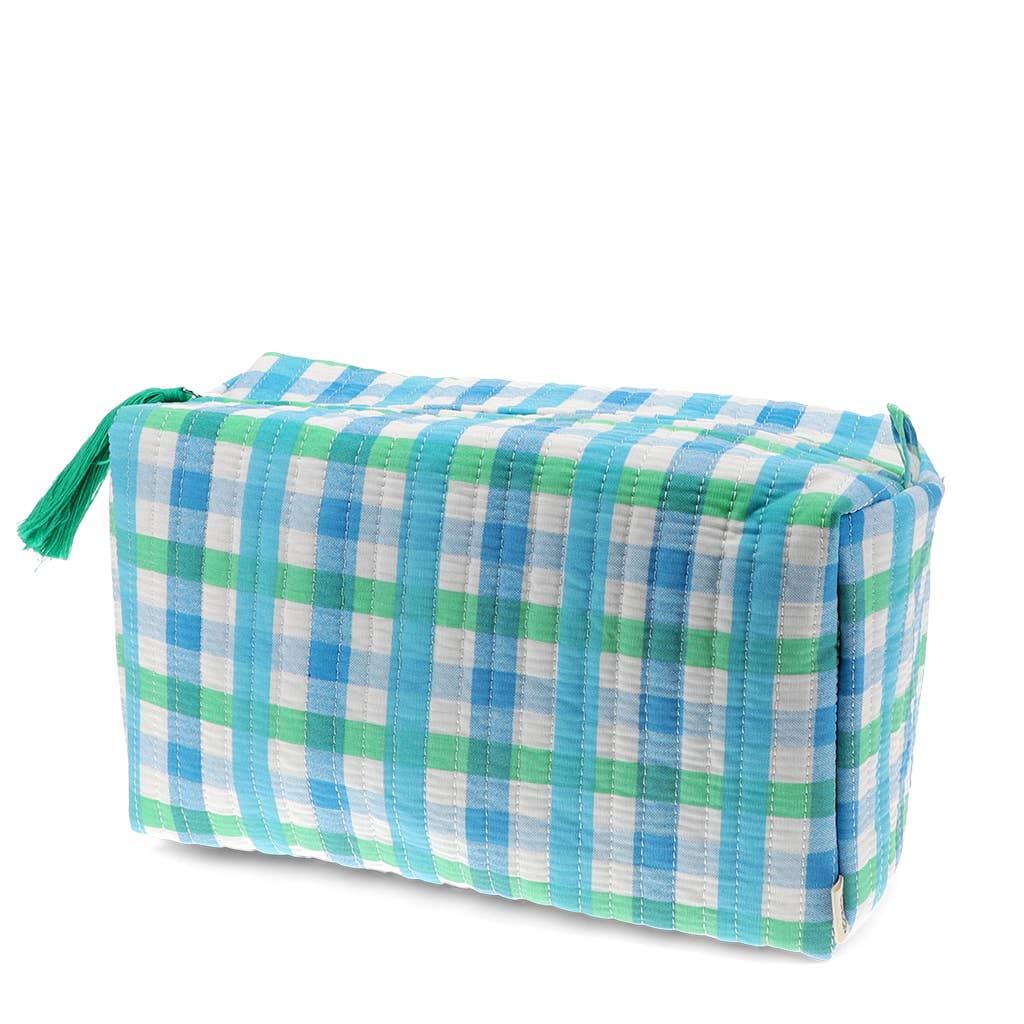 Plaid pouch with green, blue, and white pattern on a white background