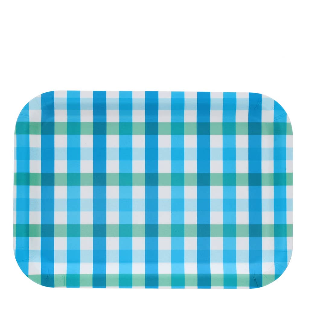 A rectangular mat with rounded corners featuring a blue, green, and white gingham plaid pattern, shown on a plain white background.