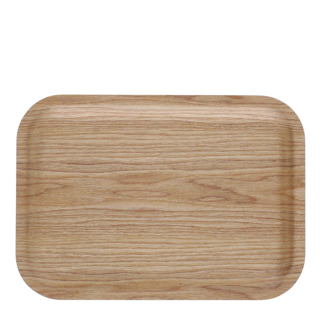 The back of a rectangular tray with rounded corners, featuring a light oak wood grain pattern