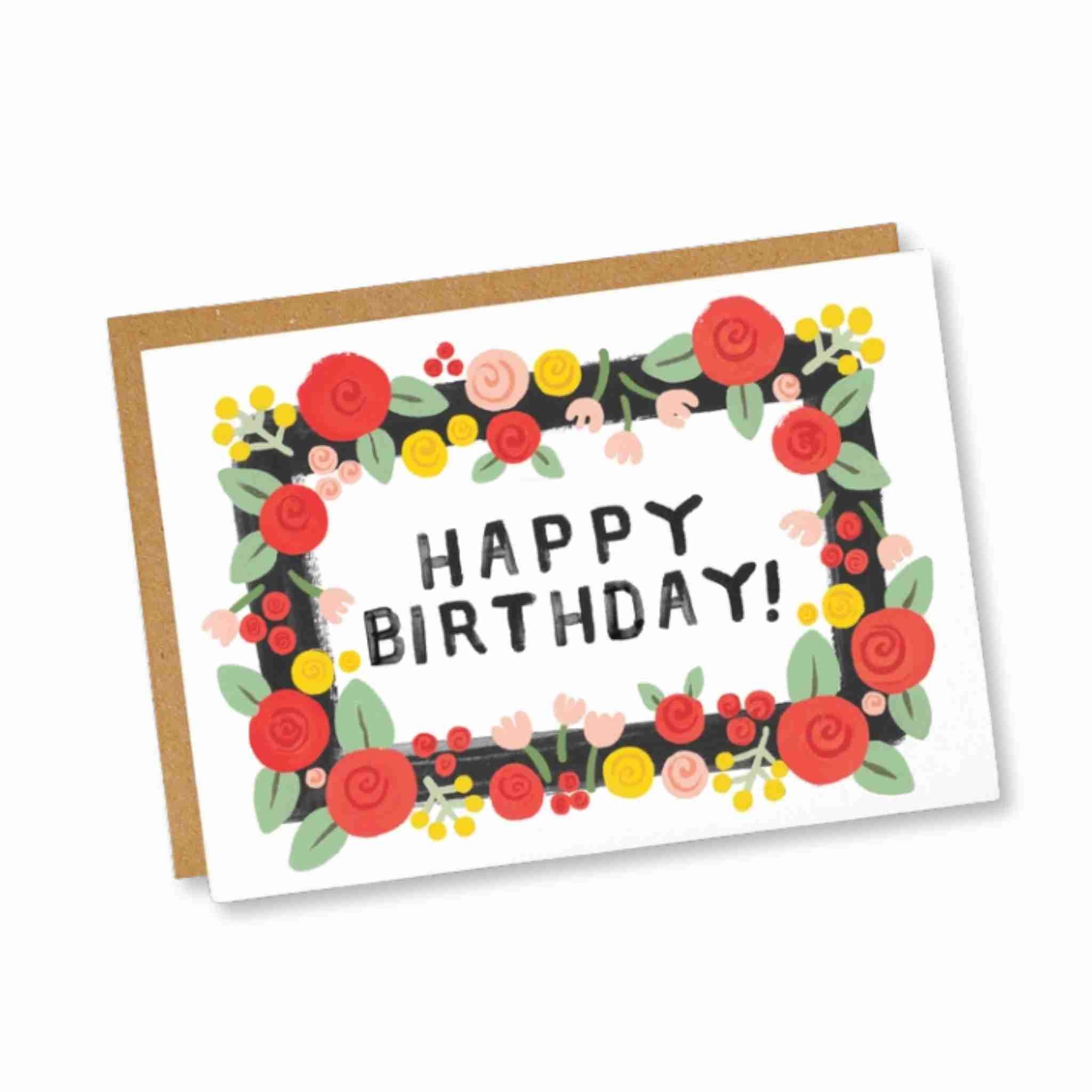 Bold Black & Floral Border Birthday Card