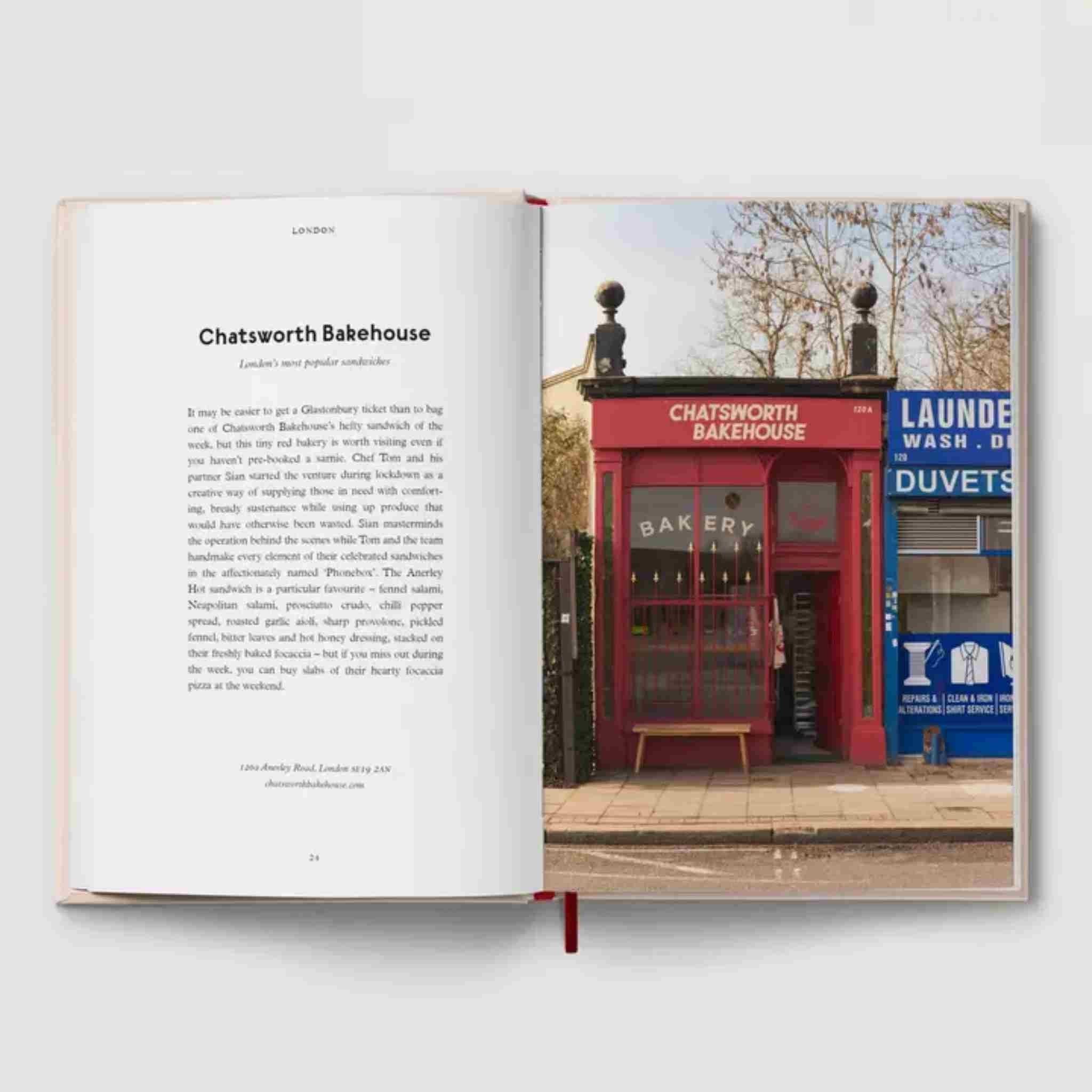 Open book with text and a photo of Chatsworth Bakehouse on a white background