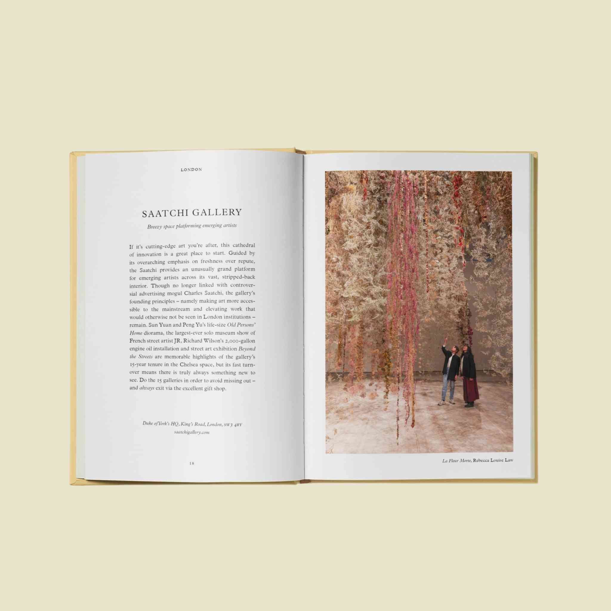 Open book with text and a photograph of two people in an art gallery on a beige background