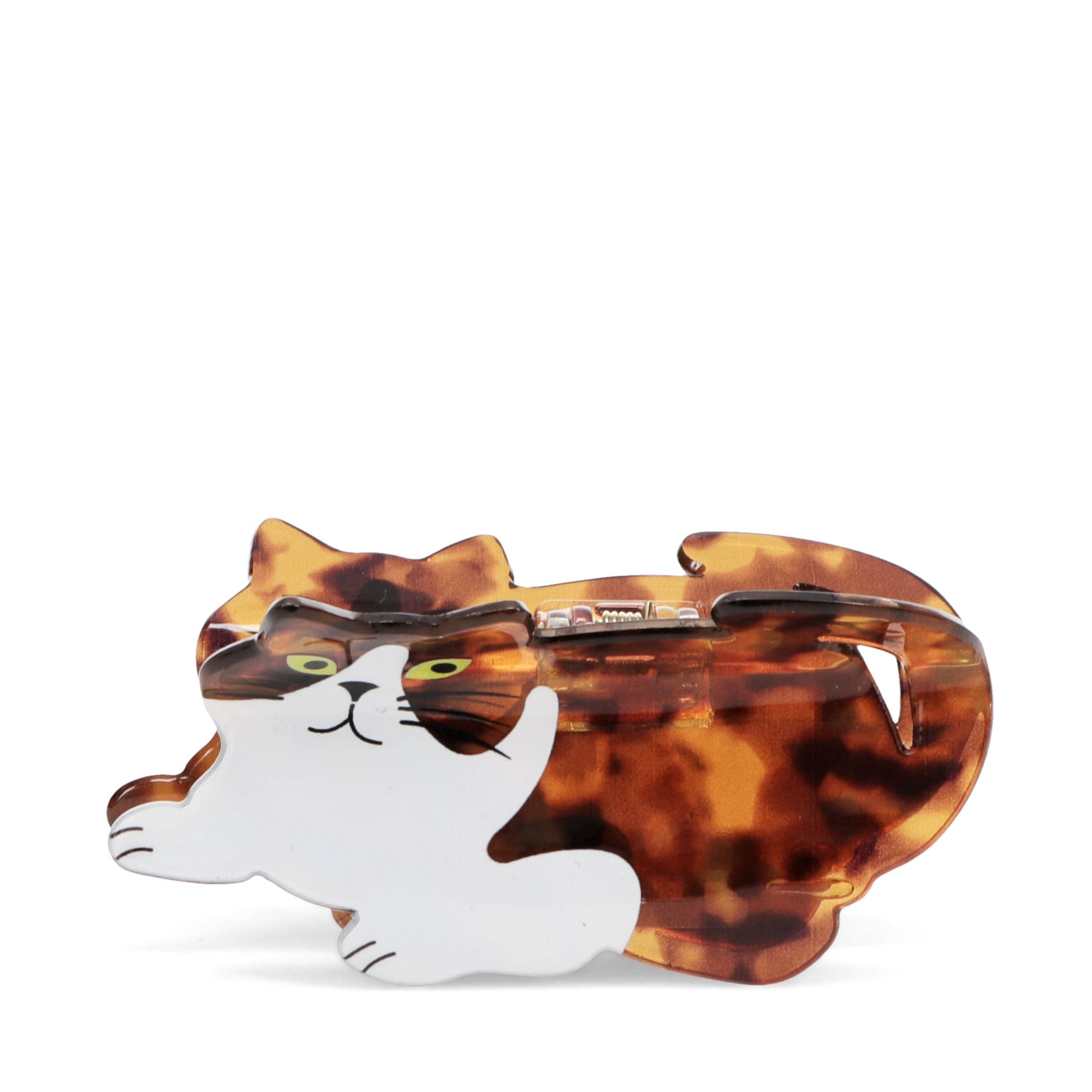 Tortoiseshell cat-shaped hair clip on a white background