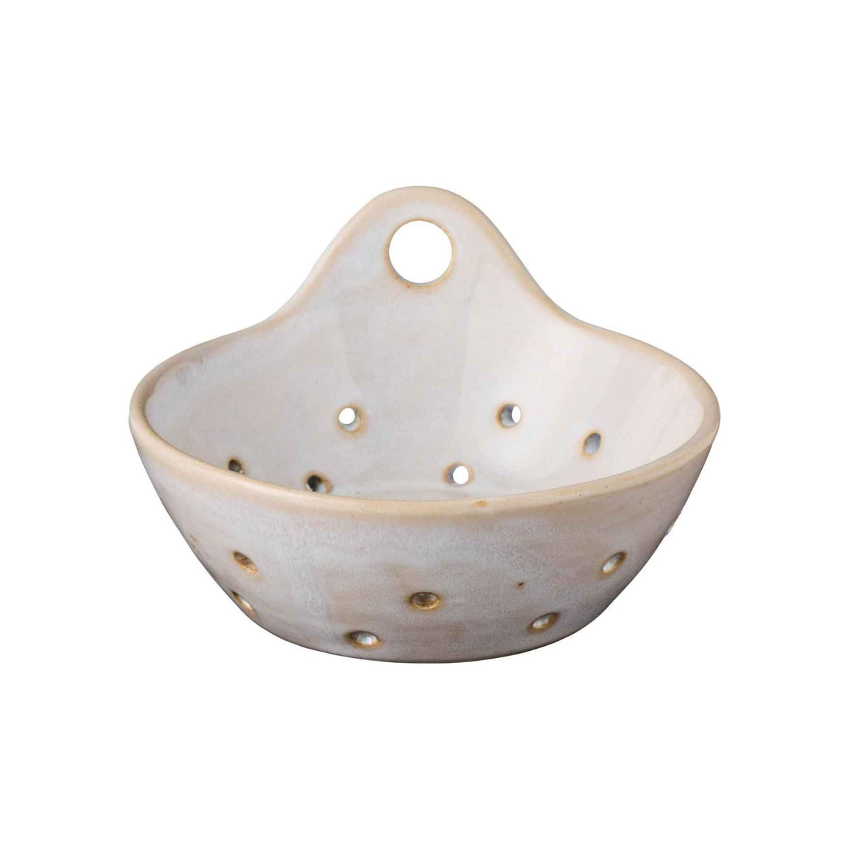 A ceramic kitchen strainer bowl with a handle and multiple drainage holes, shown on a plain white background.