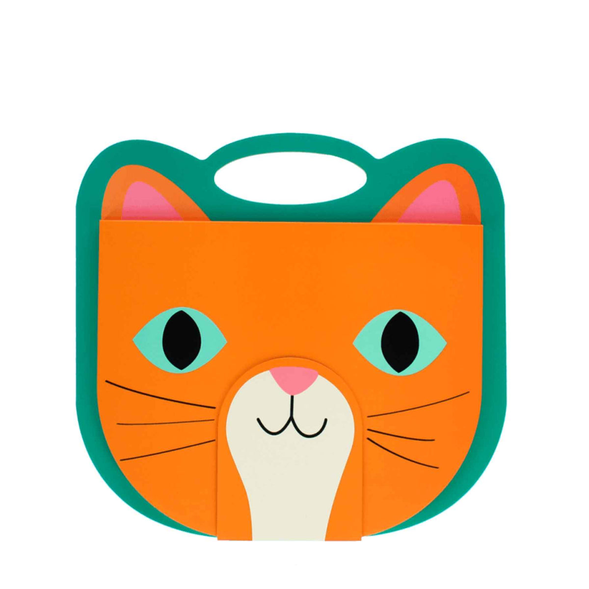 A cat-face shaped orange sketch book with a green handle, pink inner ears, turquoise eyes, black whiskers, and a cream muzzle on a plain white background.