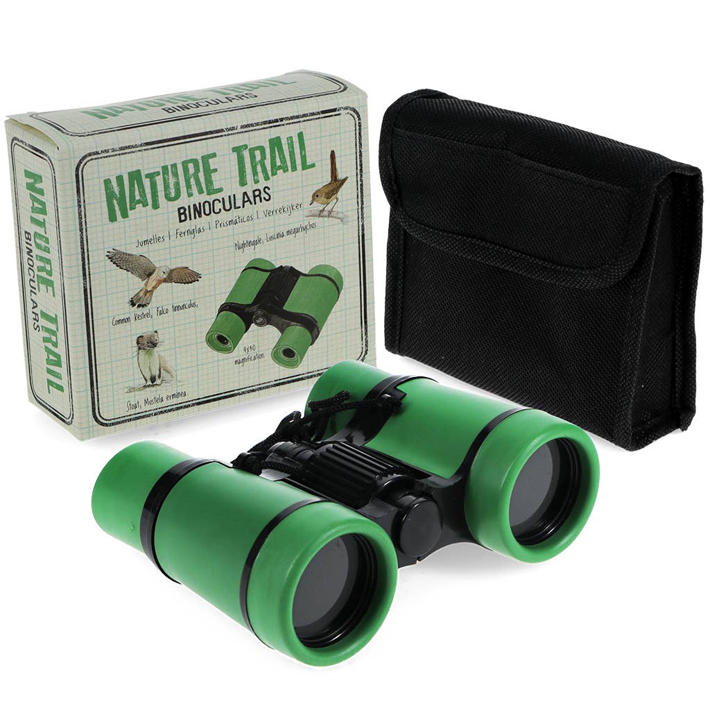 Green binoculars with a black carrying case and 'Nature Trail' branded box on a white background
