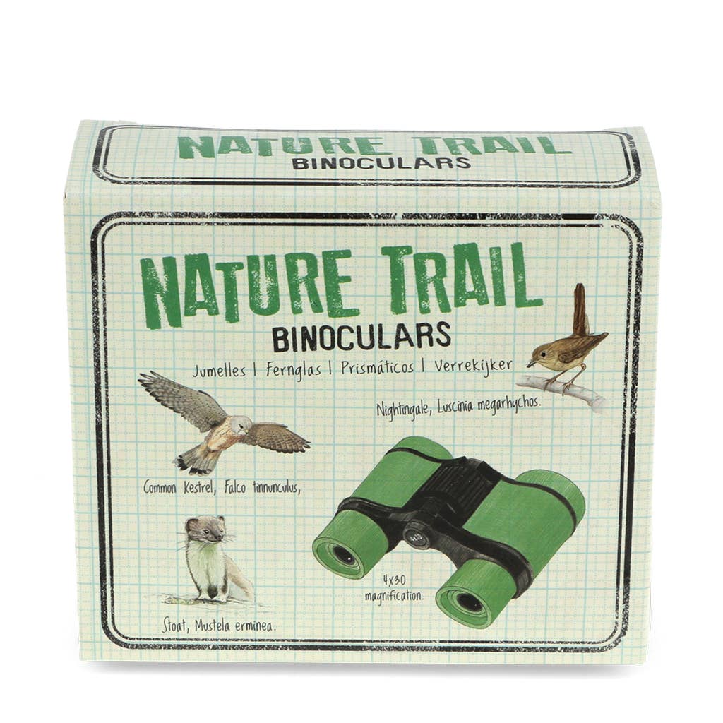 Box of Nature Trail binoculars with illustrations of birds on a checkered background