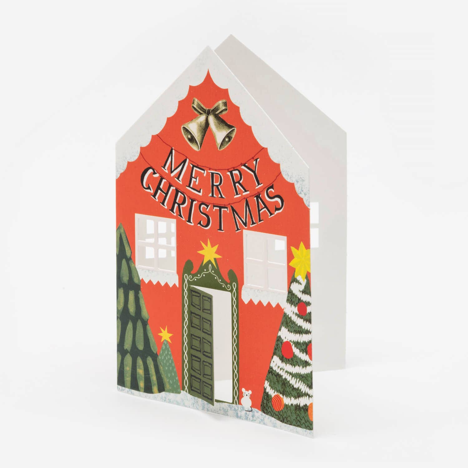 Christmas-themed house-shaped card with 'Merry Christmas' text and festive decorations on a white background.