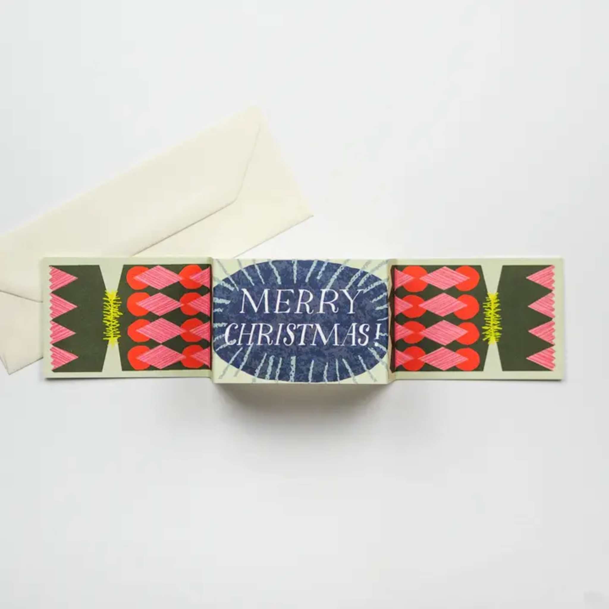 Christmas card with geometric design and 'Merry Christmas' text on a white background