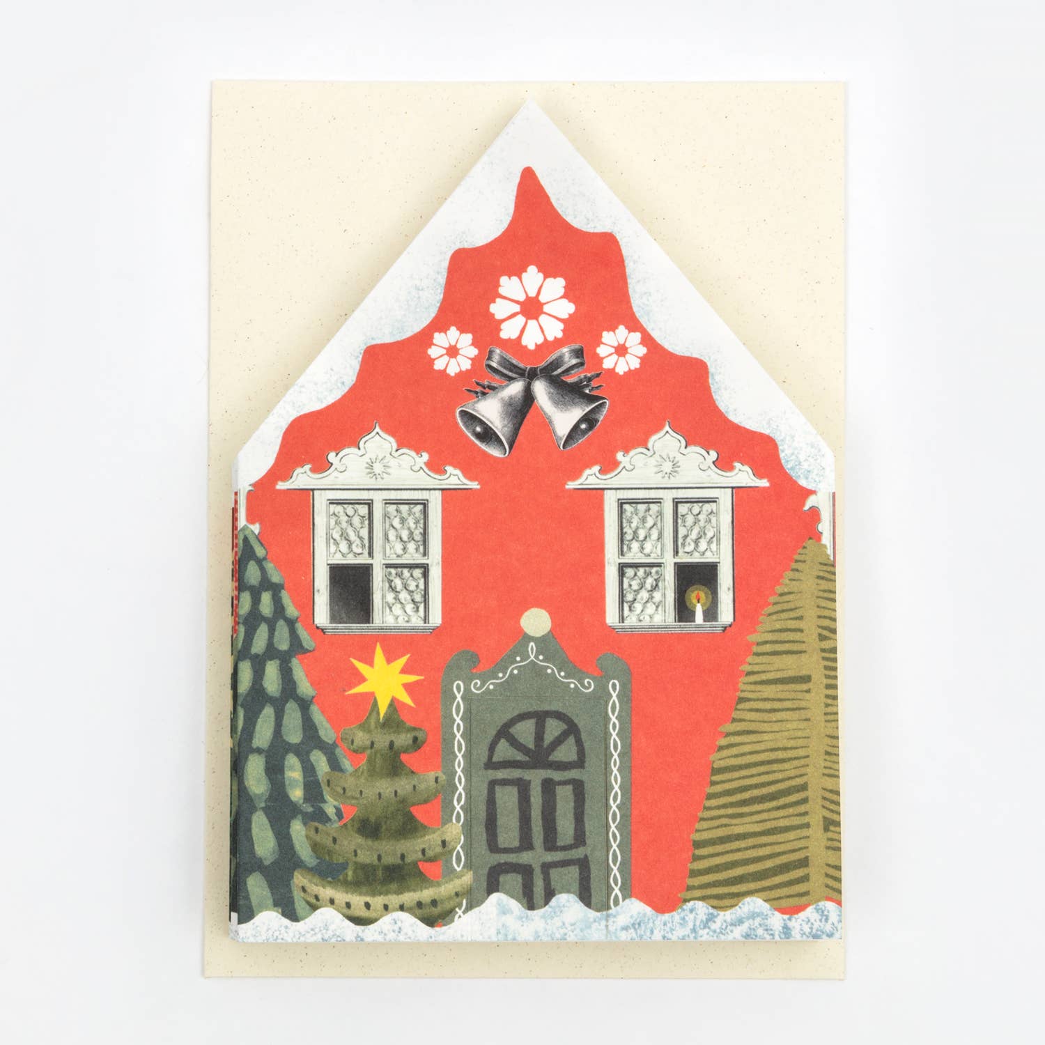 Decorative card with a house design, bells, and trees on a white background