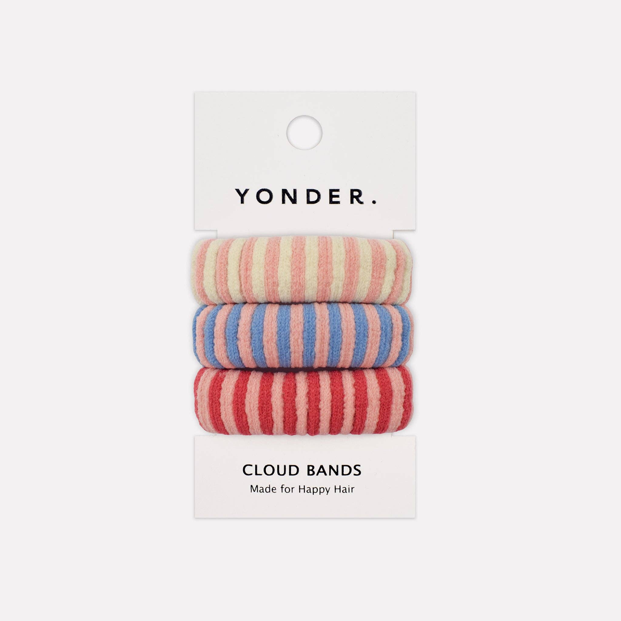 Set of striped hair bands on a Yonder branded card with a white background