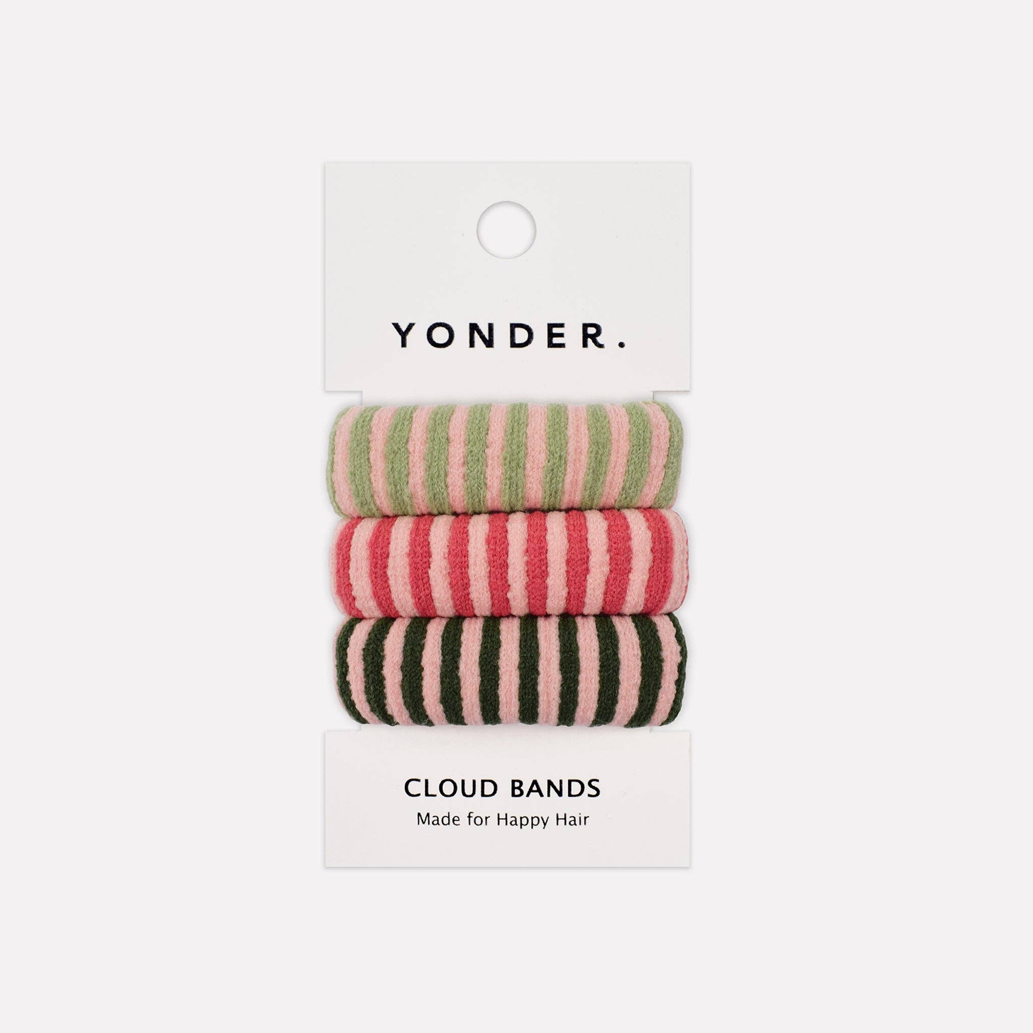 Three striped hair bands on a Yonder branded card with a white background