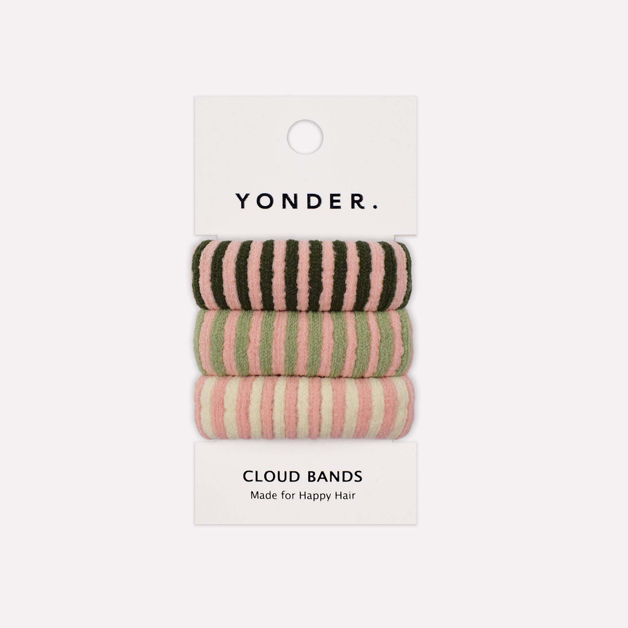 Three striped hair bands on a Yonder branded card with a white background