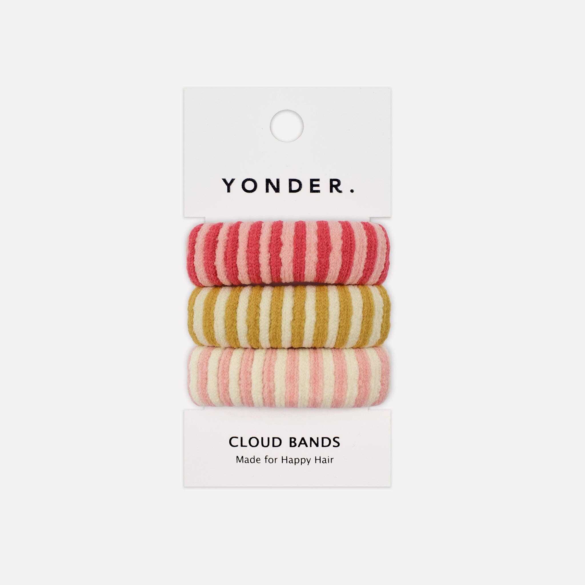 Set of striped hair bands on a Yonder branded card with a white background