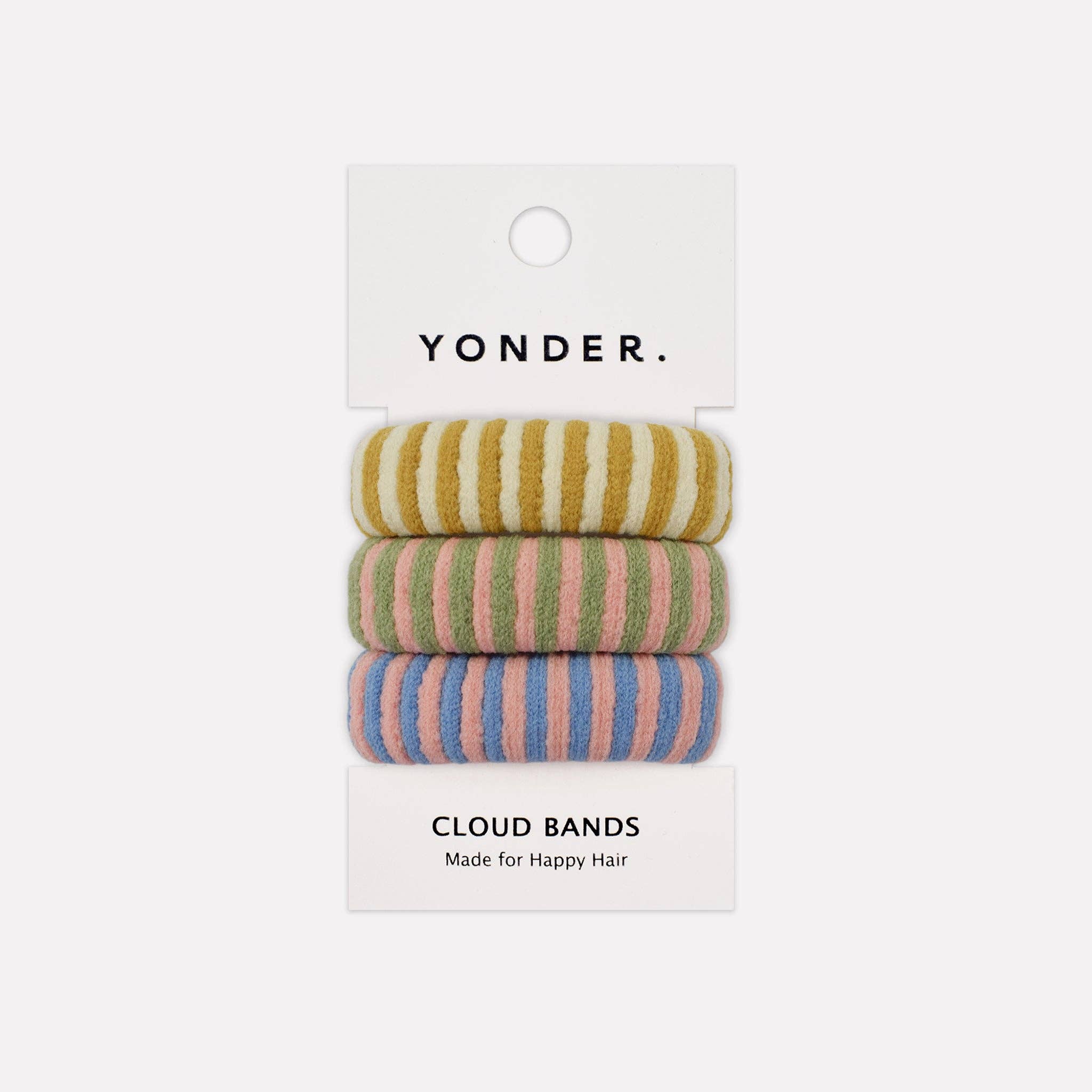 Set of striped hair bands on a Yonder branded card with a white background